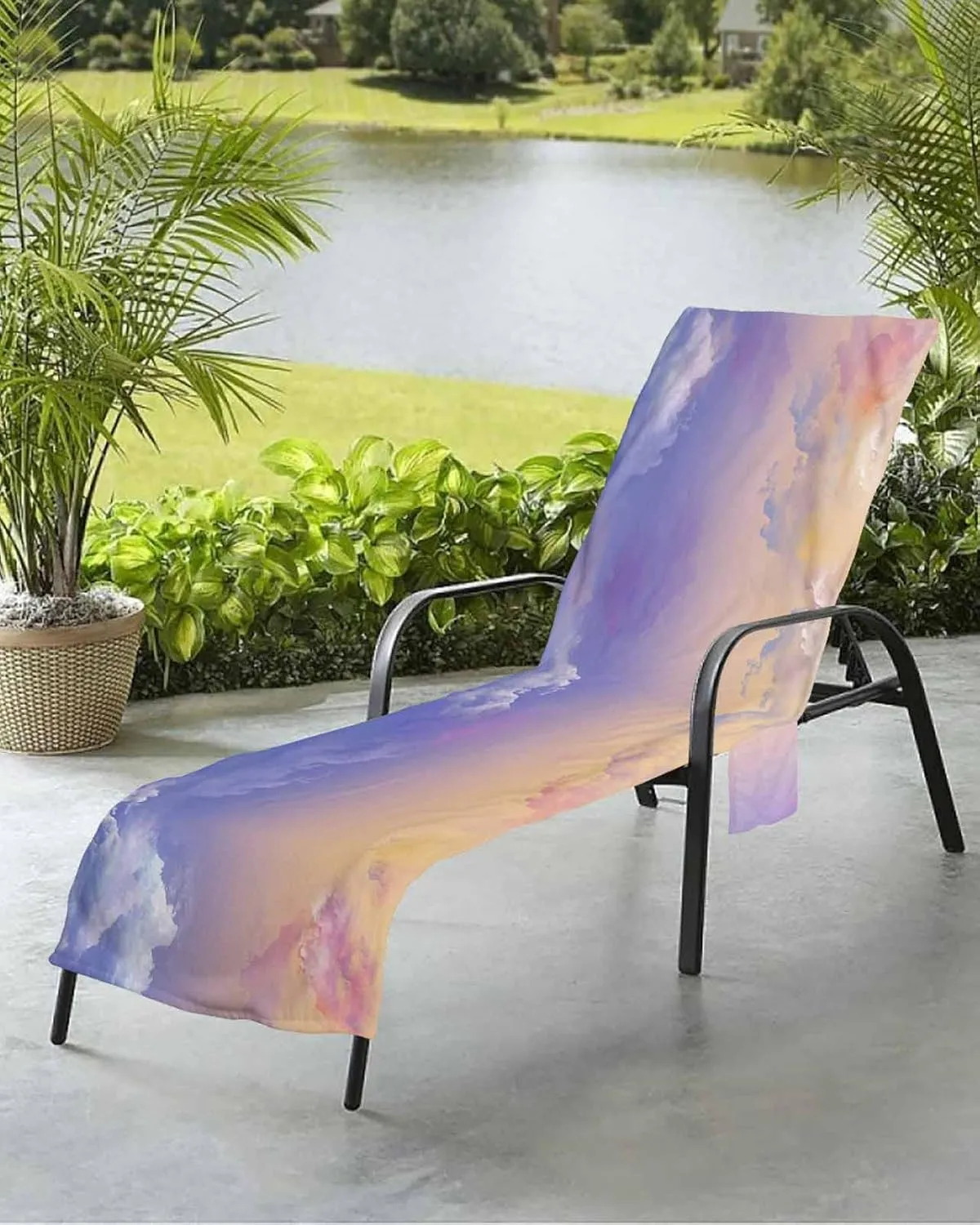 Orange Purple Ombre Clouds Chaise Lounger Cover with Pockets, Pool Lounge Chair Covers 85"x29", Sunset Sky Microfiber Beach Chair Cover for Outdoor Patio Sunbathing