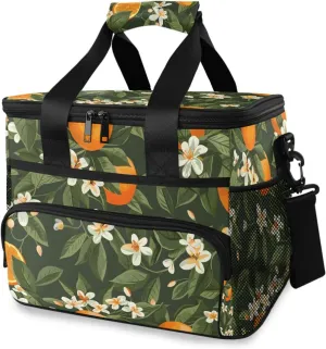 Oranges Flowers Green Leaves Cooler Bag Insulated Cooler Soft Sided Cooler 24 Can Portable Picnic Bag Large Leakproof Lunch Bag Box for Beach Grocery Camping Travel Car Men Women