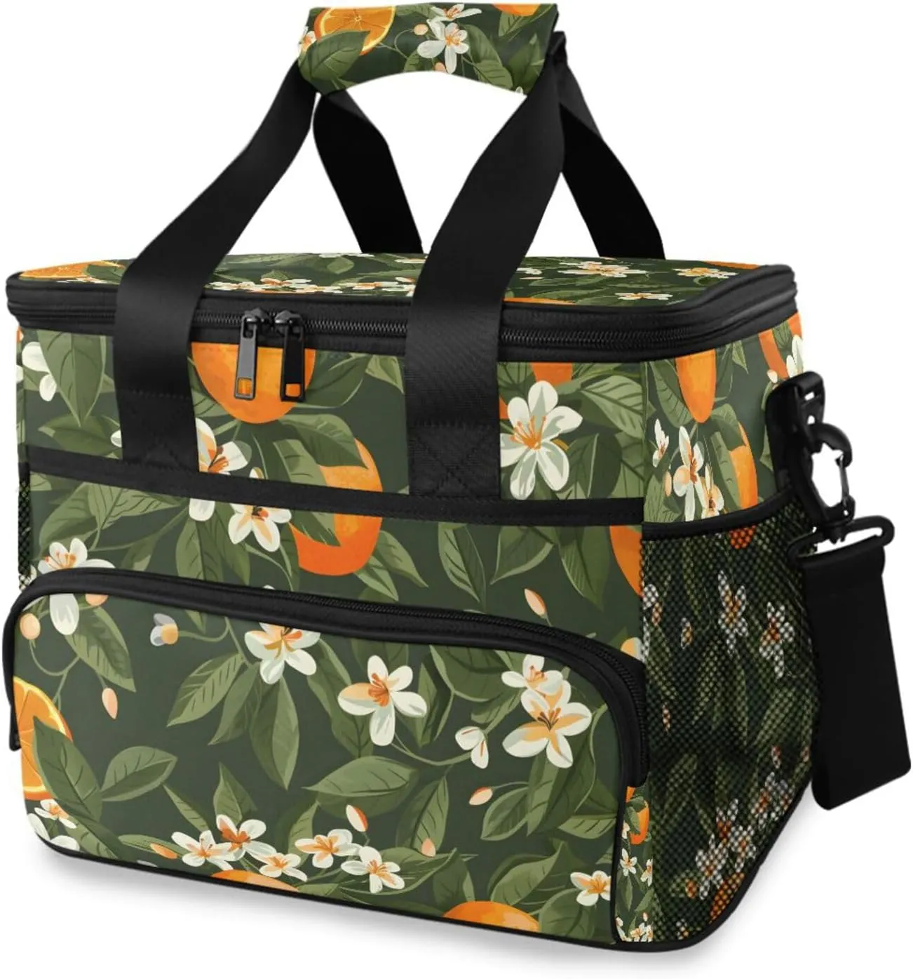 Oranges Flowers Green Leaves Cooler Bag Insulated Cooler Soft Sided Cooler 24 Can Portable Picnic Bag Large Leakproof Lunch Bag Box for Beach Grocery Camping Travel Car Men Women