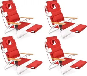 Ostrich Deluxe 3N1 Outdoor Portable Foldable Adjustable Sport Lounge Chair with Padded Seats, Footrest, and Built-in Cup Holder, Red (4 Pack)