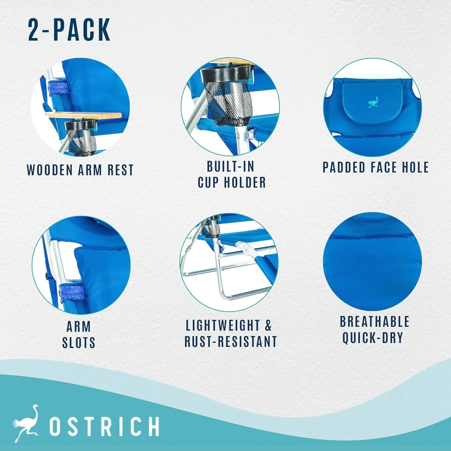 Ostrich Deluxe 3N1 Padded Beach Chair w/ Face Cushion & Arm Holes, Blue - Lightweight Folding Recliner w/ Adjustable Backrest & Footrest, Cup Holder, Side Utility Bag, 275 lb Weight Capacity