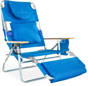 Ostrich Deluxe 3N1 Padded Beach Chair w/ Face Cushion & Arm Holes, Blue - Lightweight Folding Recliner w/ Adjustable Backrest & Footrest, Cup Holder, Side Utility Bag, 275 lb Weight Capacity
