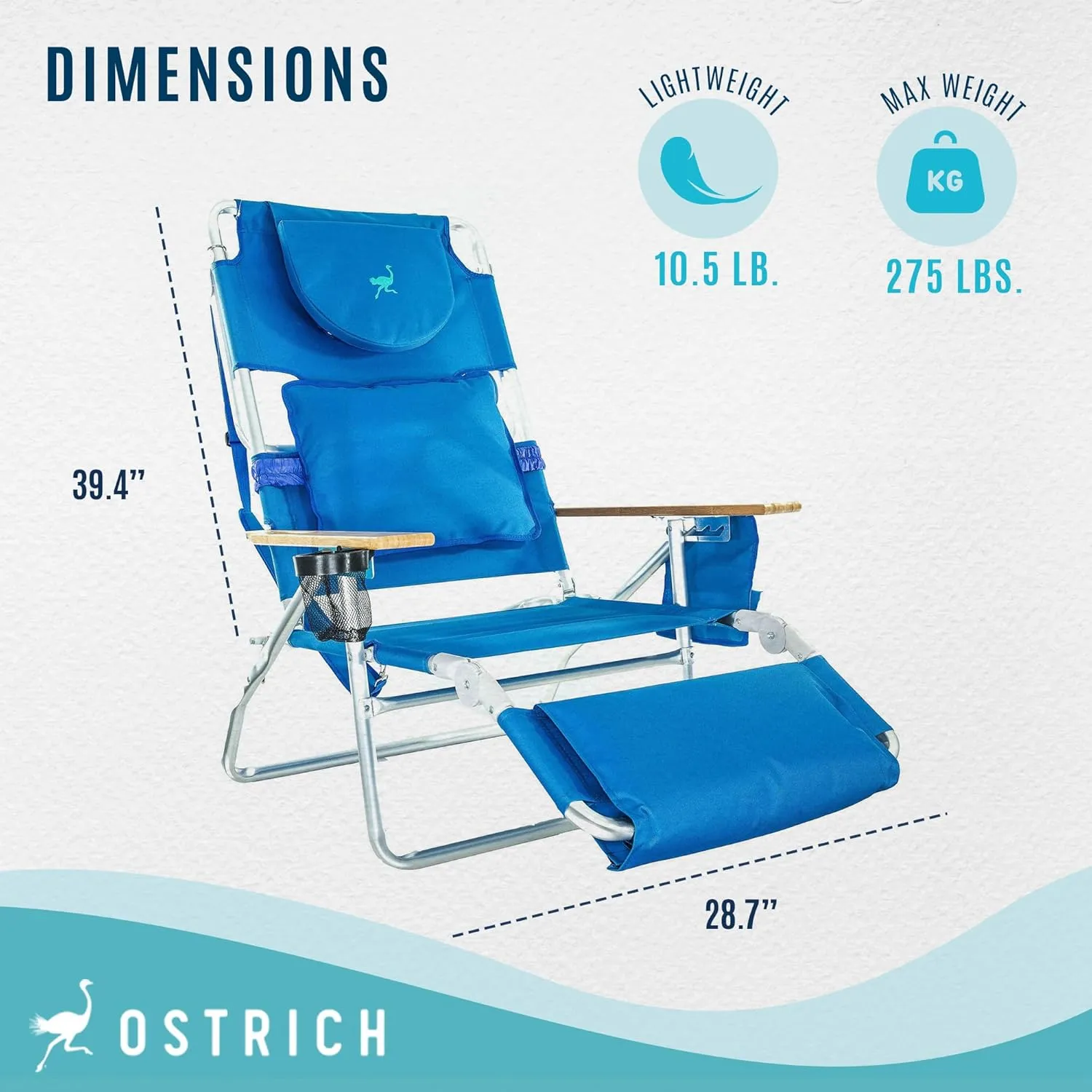 Ostrich Deluxe 3N1 Padded Beach Chair w/ Face Cushion & Arm Holes, Blue - Lightweight Folding Recliner w/ Adjustable Backrest & Footrest, Cup Holder, Side Utility Bag, 275 lb Weight Capacity
