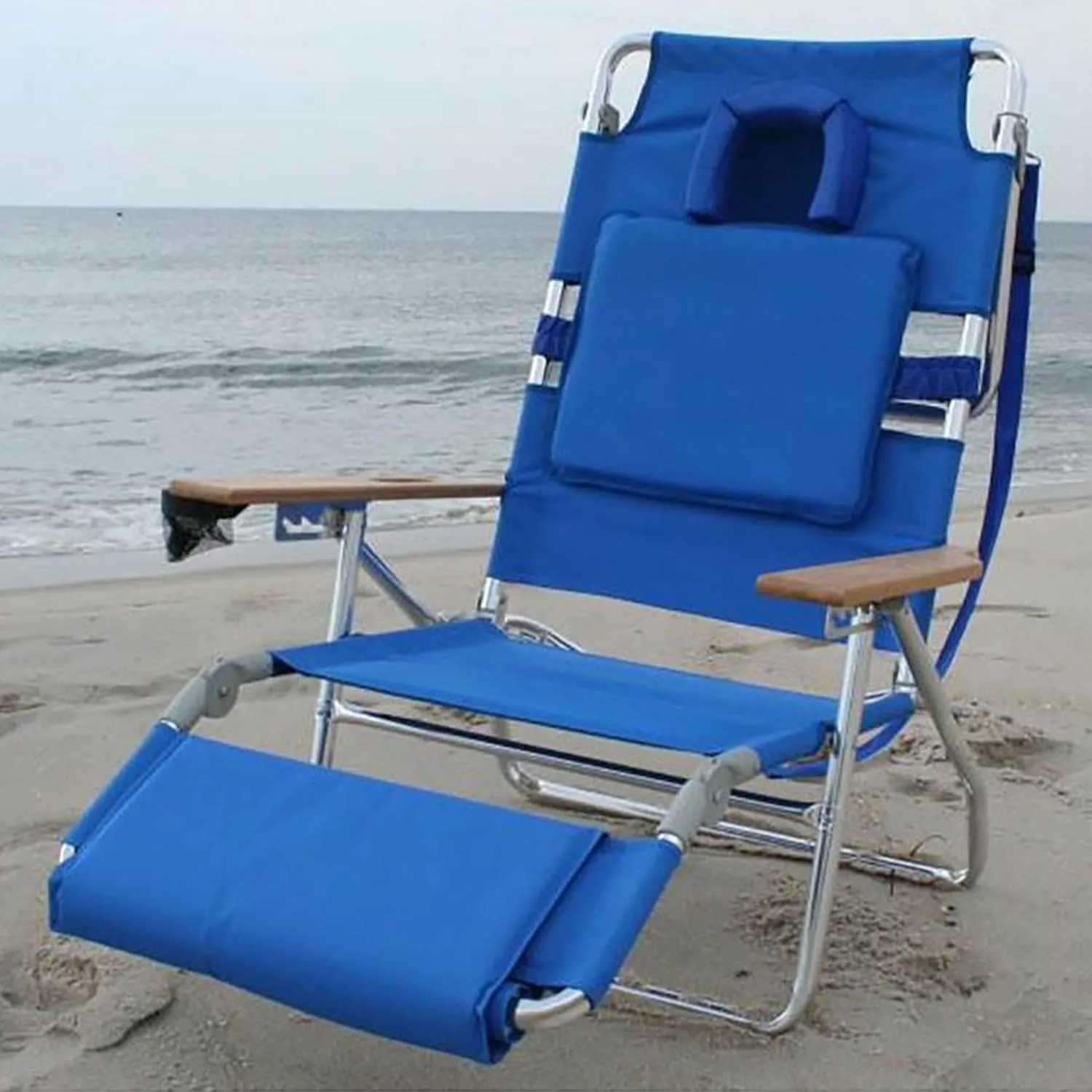 Ostrich Deluxe 3N1 Padded Beach Chair w/ Face Cushion & Arm Holes, Blue - Lightweight Folding Recliner w/ Adjustable Backrest & Footrest, Cup Holder, Side Utility Bag, 275 lb Weight Capacity