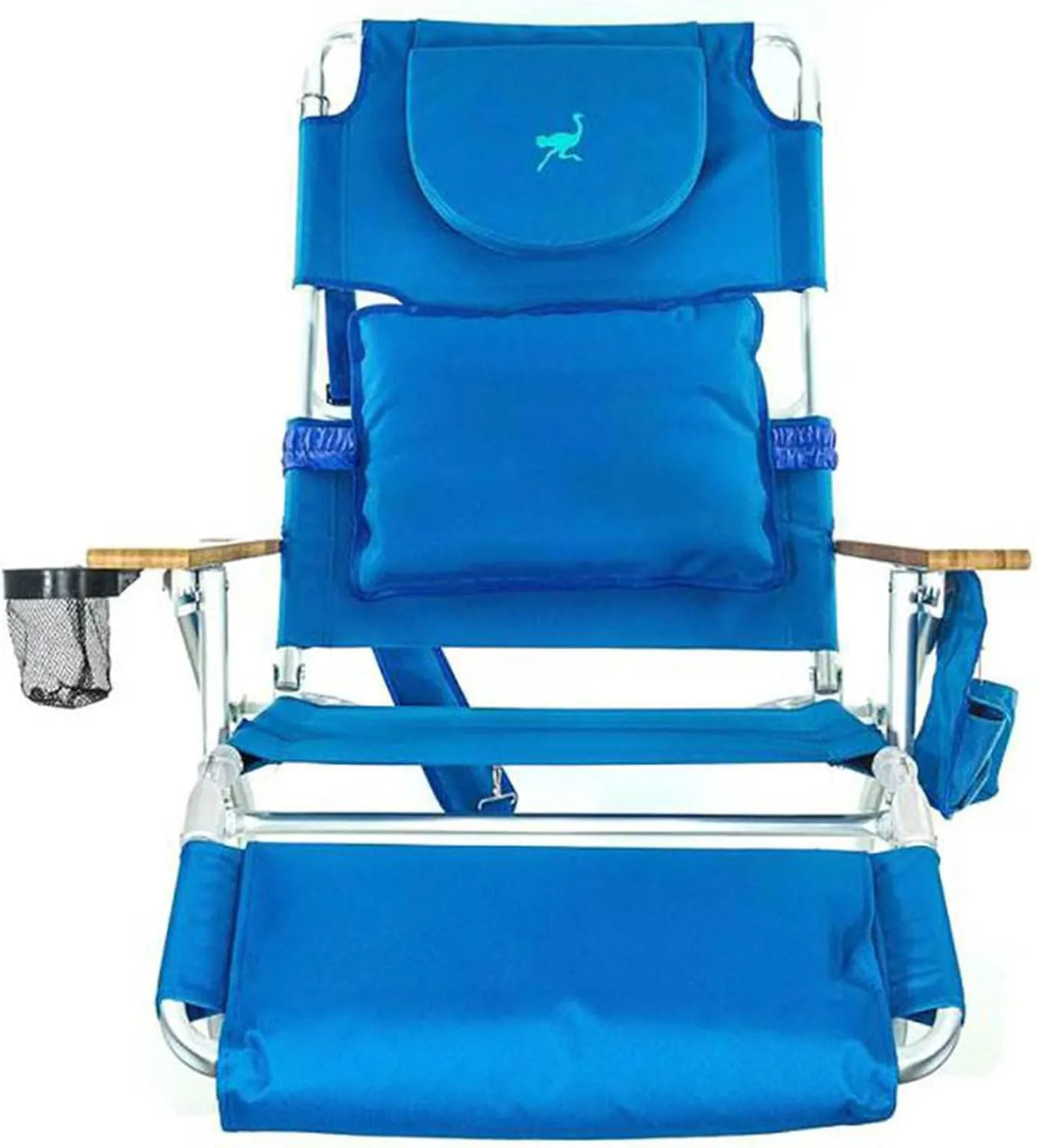 Ostrich Deluxe 3N1 Padded Beach Chair w/ Face Cushion & Arm Holes, Blue - Lightweight Folding Recliner w/ Adjustable Backrest & Footrest, Cup Holder, Side Utility Bag, 275 lb Weight Capacity
