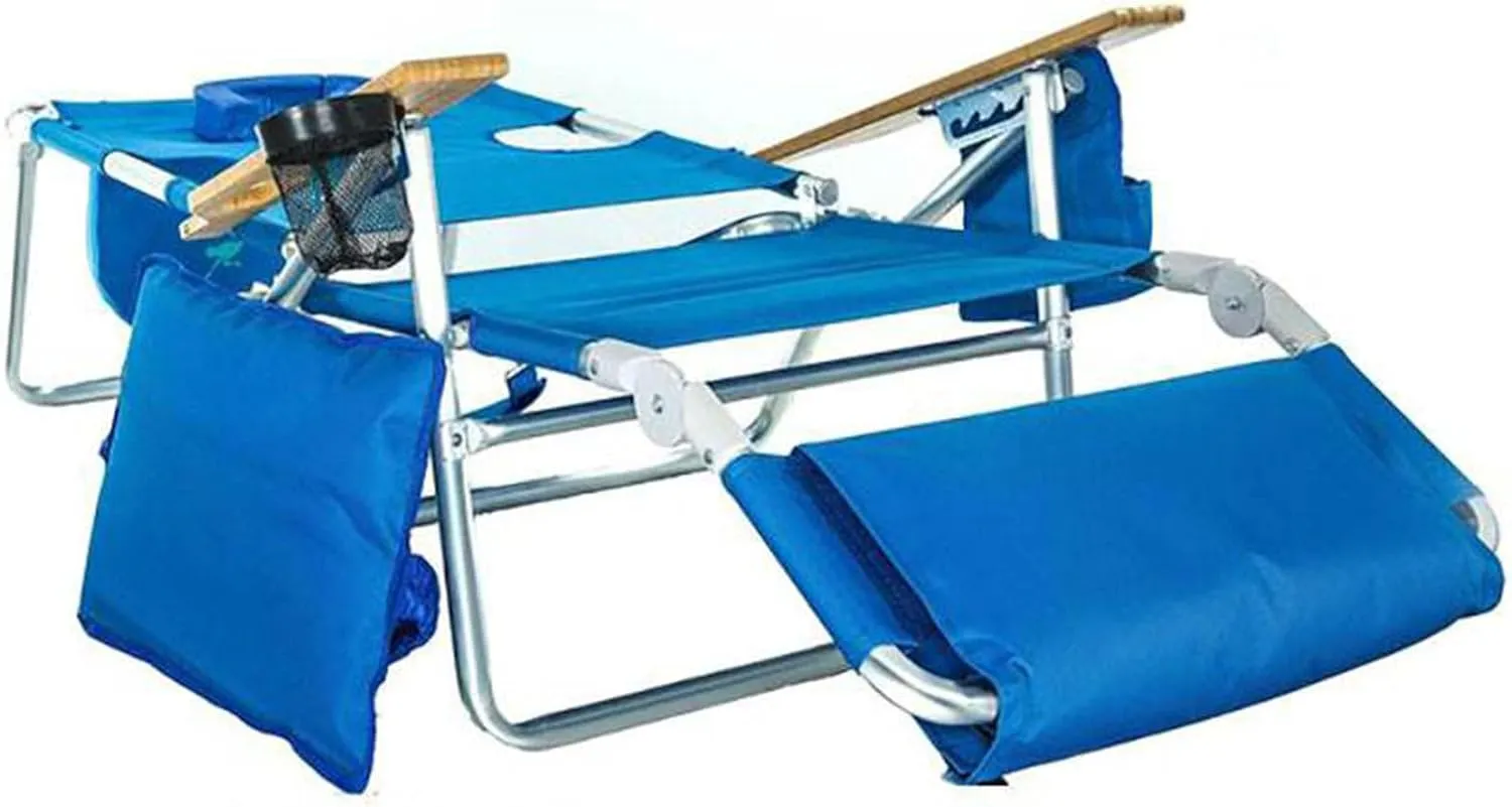 Ostrich Deluxe 3N1 Padded Beach Chair w/ Face Cushion & Arm Holes, Blue - Lightweight Folding Recliner w/ Adjustable Backrest & Footrest, Cup Holder, Side Utility Bag, 275 lb Weight Capacity