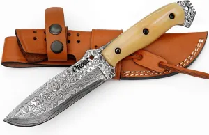 Ottoza Damascus Hunting Knife with Sheath & Bone Handle for Outdoor, Survival, Bushcraft, Camping - Fixed Blade Hunting Knives for Men Vertical Carry Sheath 423