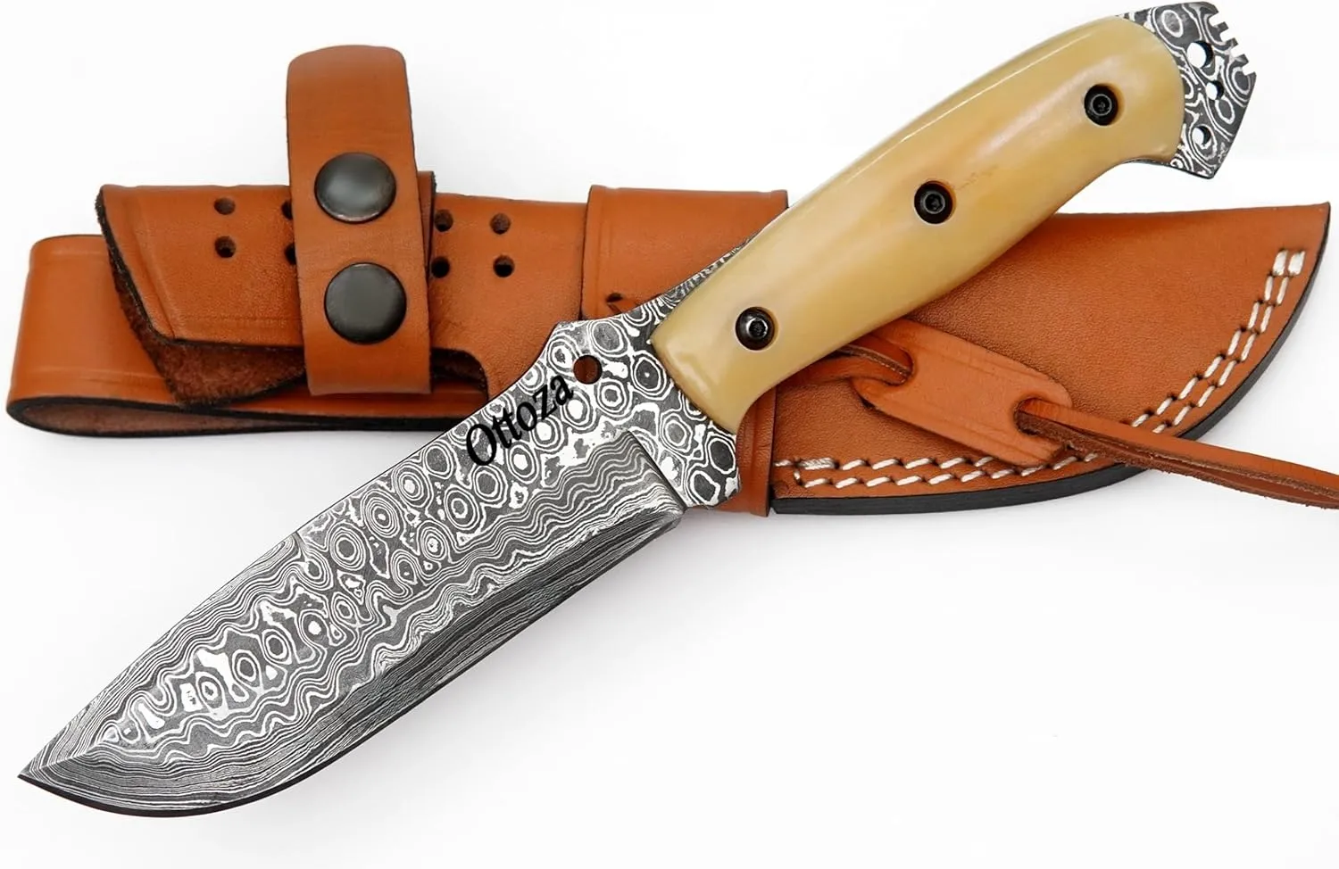 Ottoza Damascus Hunting Knife with Sheath & Bone Handle for Outdoor, Survival, Bushcraft, Camping - Fixed Blade Hunting Knives for Men Vertical Carry Sheath 423
