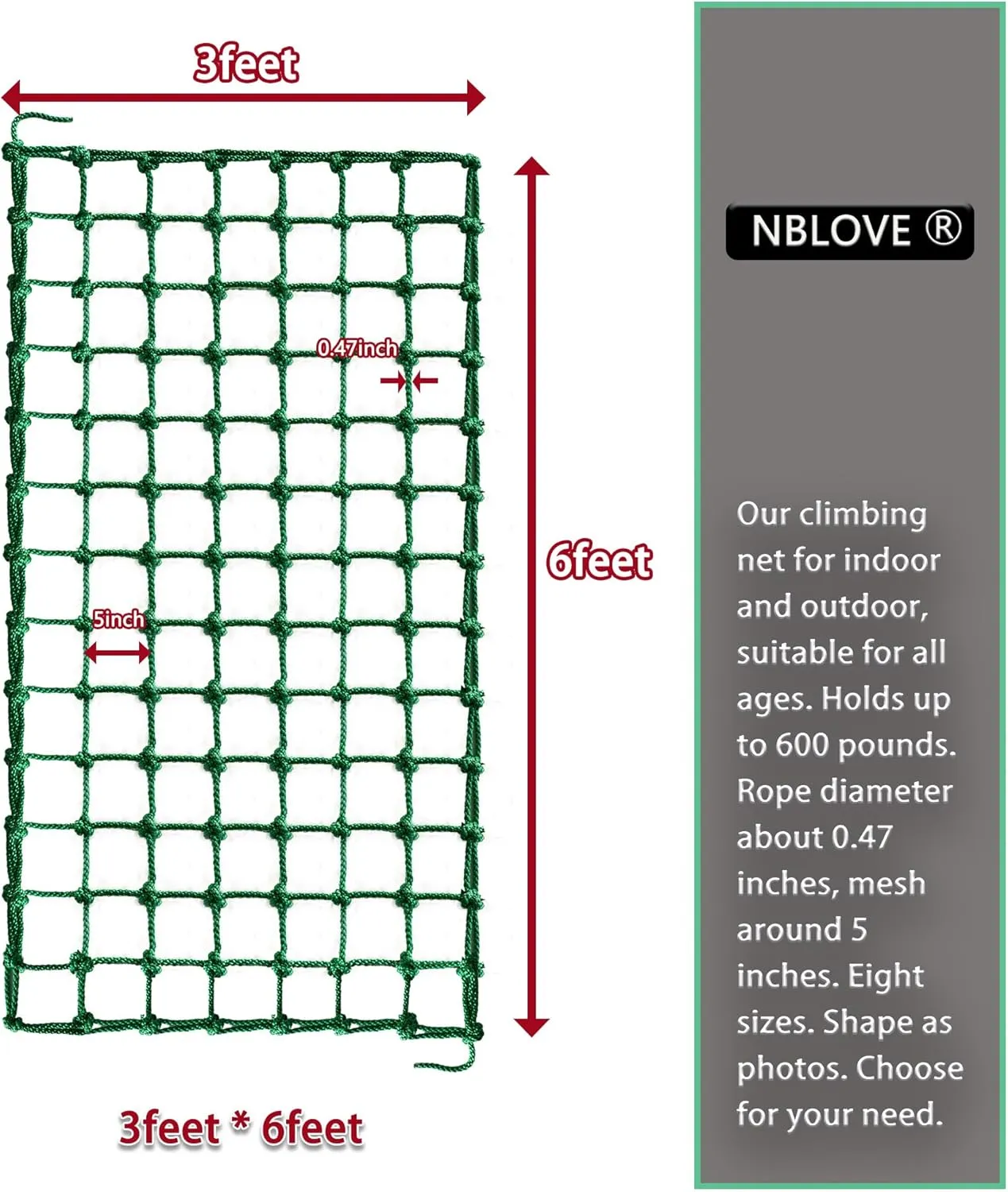 Outdoor & Indoor Premium Climbing Net - 8 Sizes Polyester Fiber. Easy Install with Extras. Handcrafted & Practical. Ideal Gift. (3ft x 6ft)
