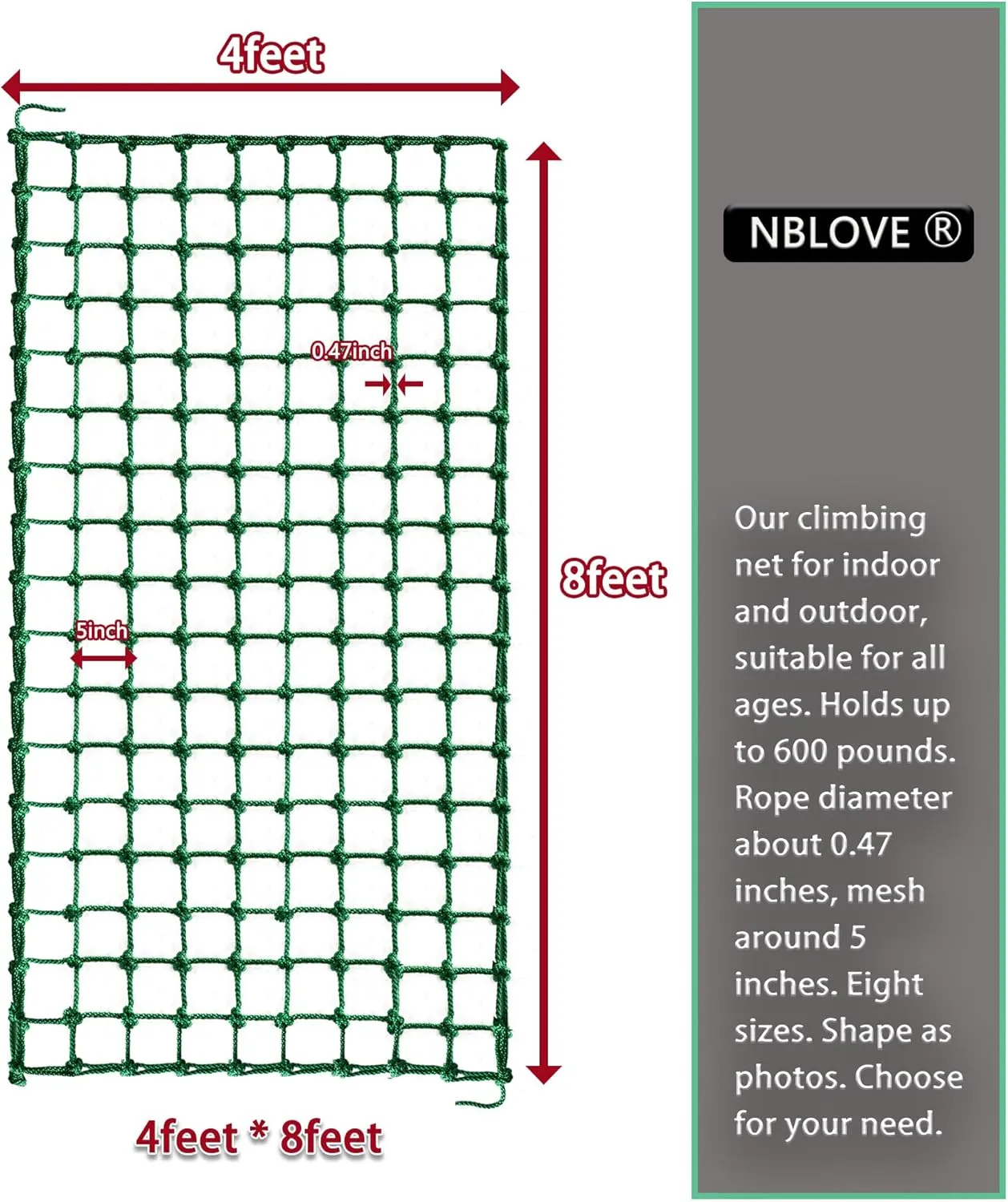 Outdoor & Indoor Premium Climbing Net - 8 Sizes Polyester Fiber. Easy Install with Extras. Handcrafted & Practical. Ideal Gift. (4ft x 8ft)