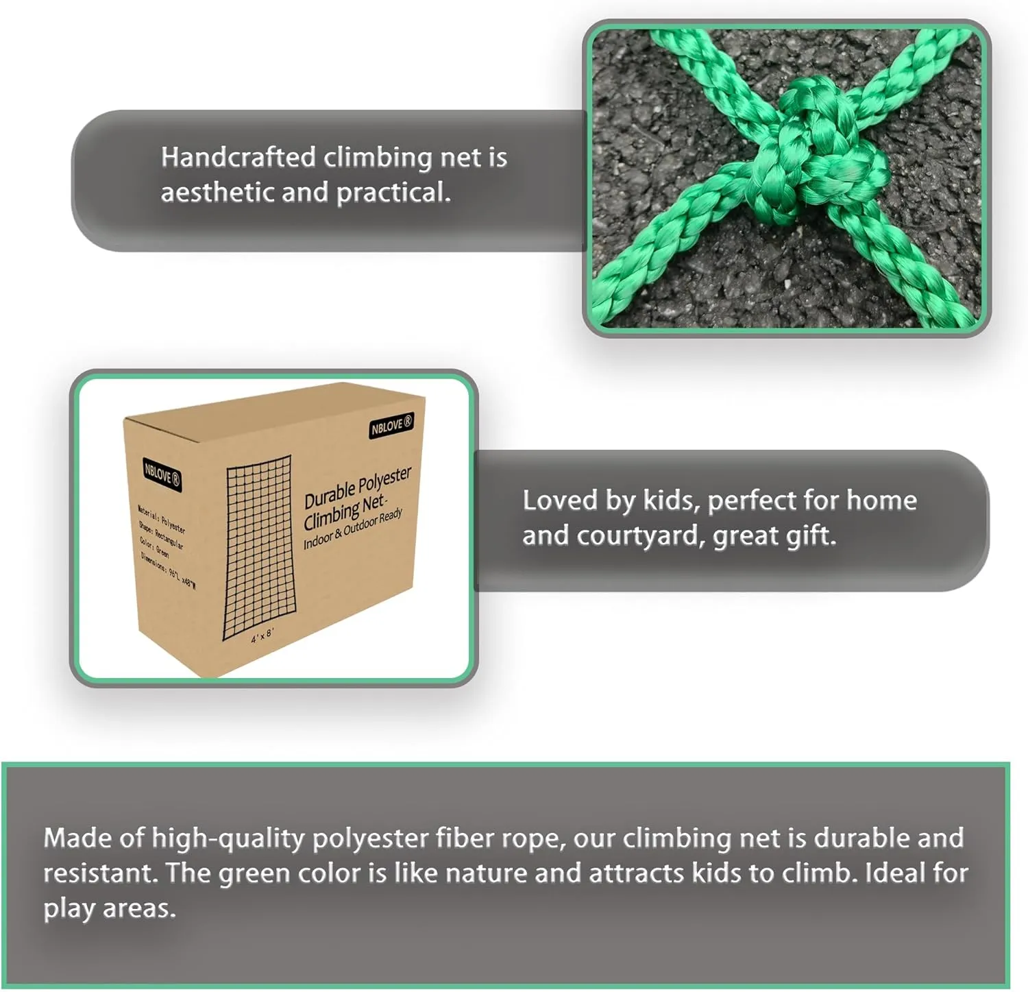 Outdoor & Indoor Premium Climbing Net - 8 Sizes Polyester Fiber. Easy Install with Extras. Handcrafted & Practical. Ideal Gift. (4ft x 8ft)