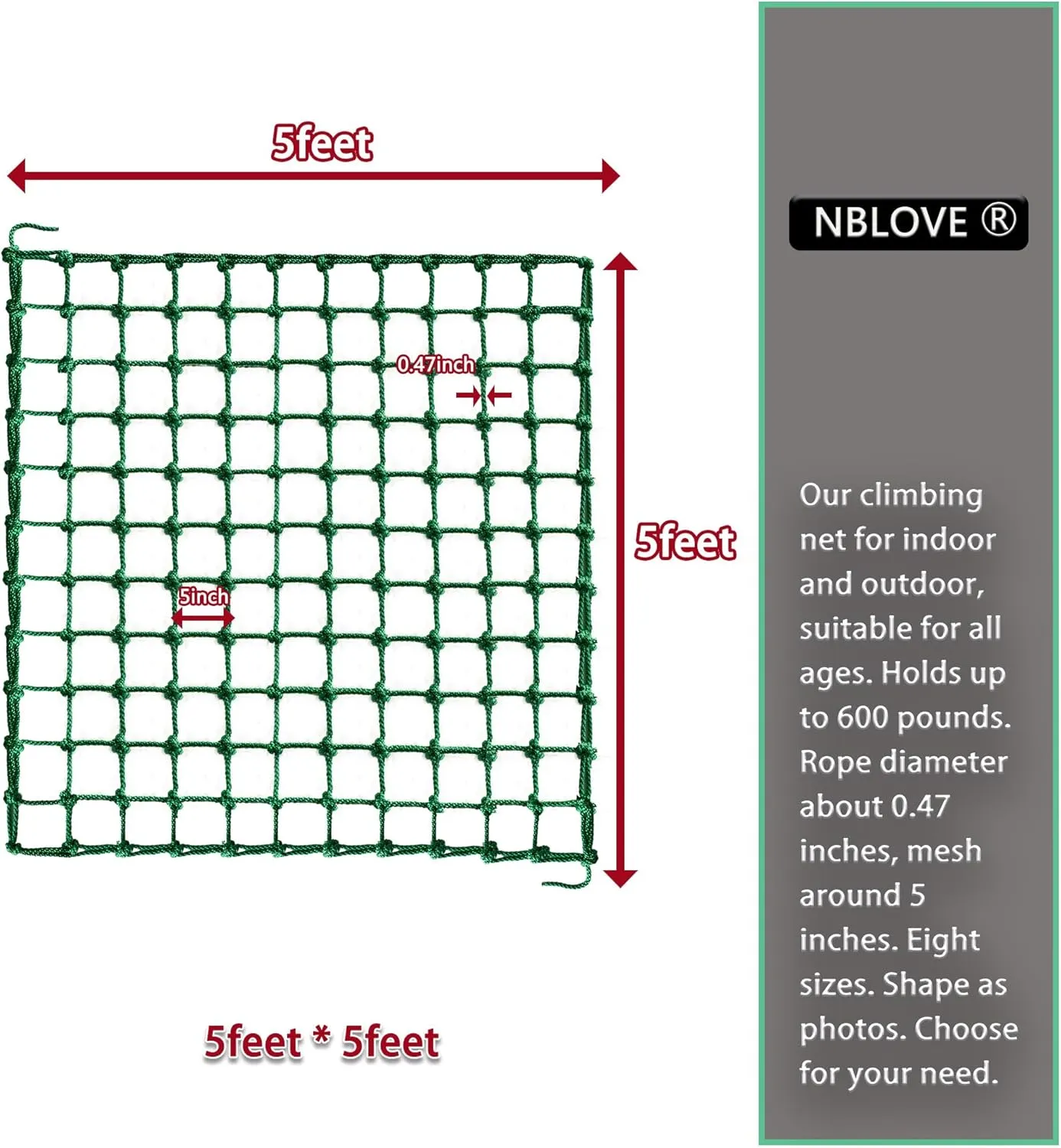 Outdoor & Indoor Premium Climbing Net - 8 Sizes Polyester Fiber. Easy Install with Extras. Handcrafted & Practical. Ideal Gift. (5ft x 5ft)