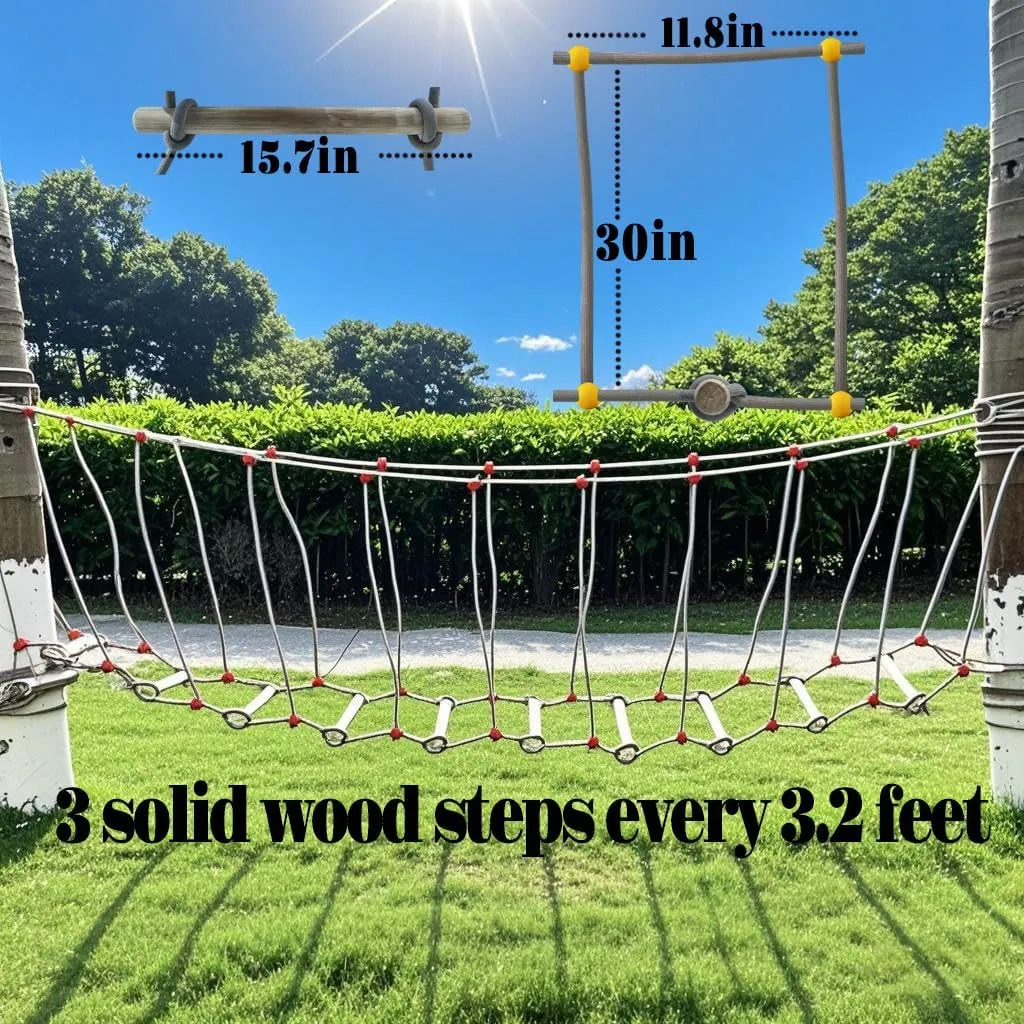 Outdoor Bridge Rope Ladder for Kids Rope Bridge Outdoor Obstacle Course Solid Wood Balance Climbing Bridge Slack Lines for Backyard for Child Outdoor Playground Equipment (19.6 FT)