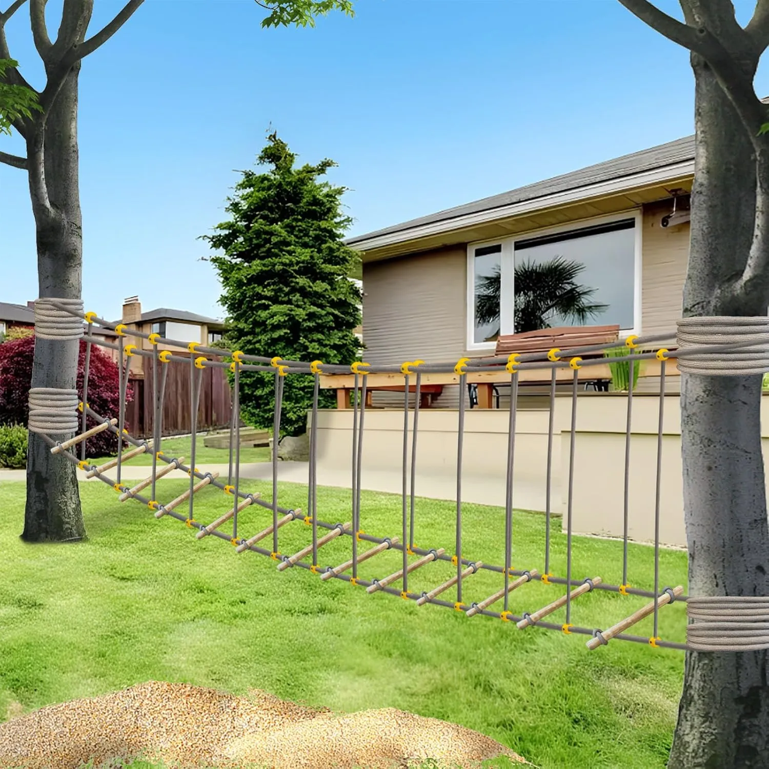 Outdoor Bridge Rope Ladder for Kids Rope Bridge Outdoor Obstacle Course Solid Wood Balance Climbing Bridge Slack Lines for Backyard for Child Outdoor Playground Equipment (19.6 FT)