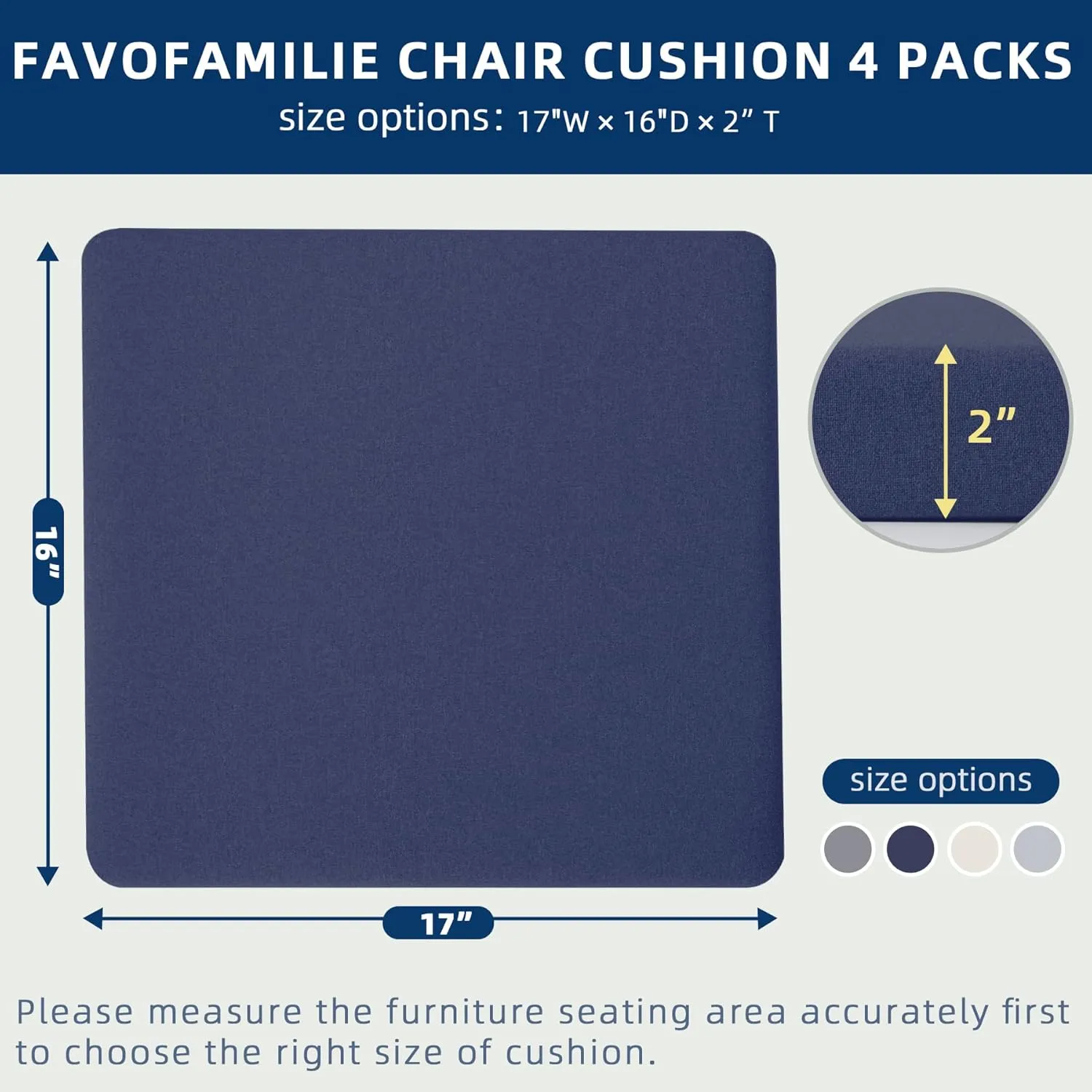 Outdoor Chair Cushions Set of 4, Water-Resistant & Fadeness 17" W x 16" D x 2" T Seat Cushion, High Density Foam with Dual Straps for Patio Garden Furniture Sofa Dining Chairs, Blue