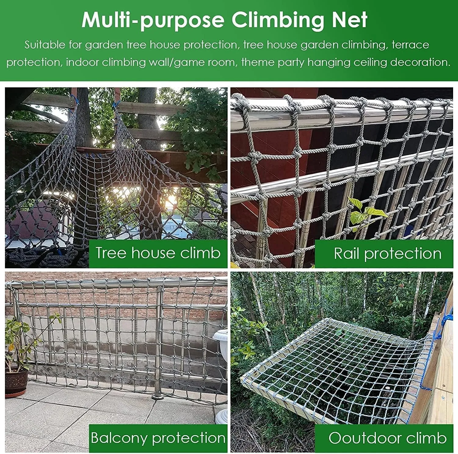 Outdoor Climbing Cargo Net for Kids/Adults, Heavy Duty Climbing Net-Rope Ladder for Balcony, Railing Protection and Backyard Playground.,3m*3m