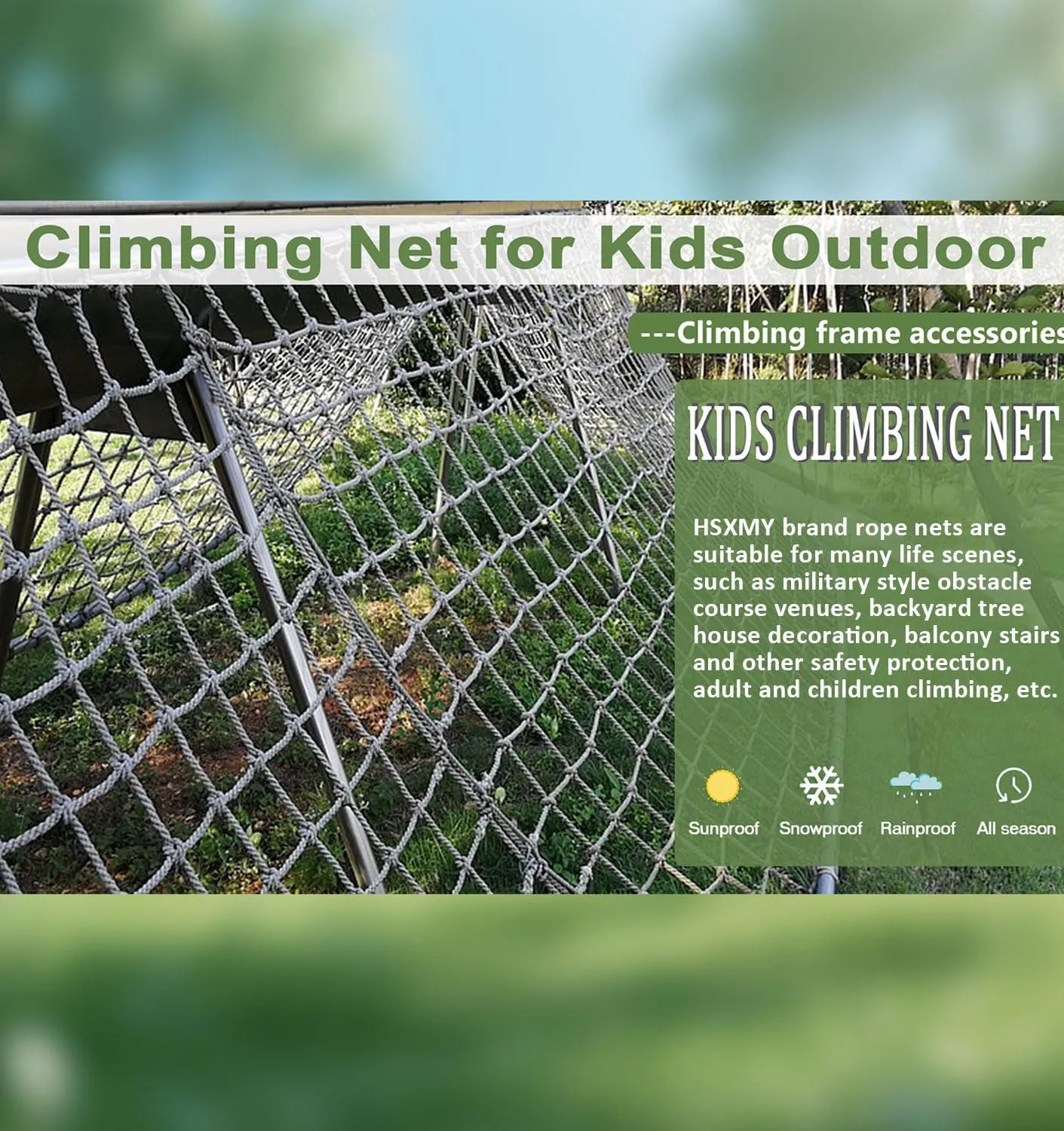 Outdoor Climbing Cargo Net for Kids/Adults, Heavy Duty Climbing Net-Rope Ladder for Balcony, Railing Protection and Backyard Playground.,3m*3m