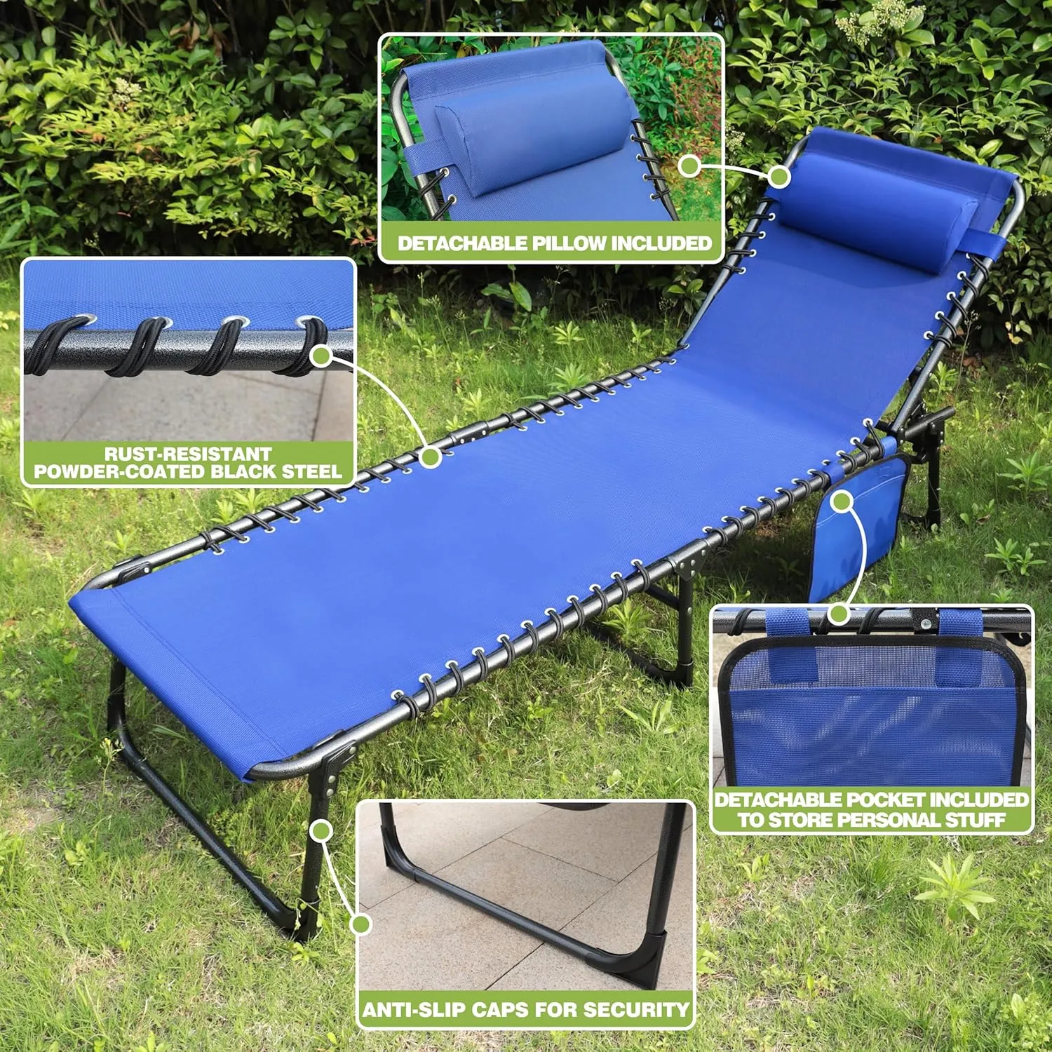 Outdoor Foldable Chaise Lounge Chair with Detachable Pillow & Pocket, Portable Tanning Chair with 5 Position Adjustable Back, Patio, Beach and Pool, Blue