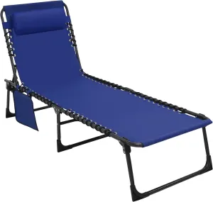 Outdoor Foldable Chaise Lounge Chair with Detachable Pillow & Pocket, Portable Tanning Chair with 5 Position Adjustable Back, Patio, Beach and Pool, Blue