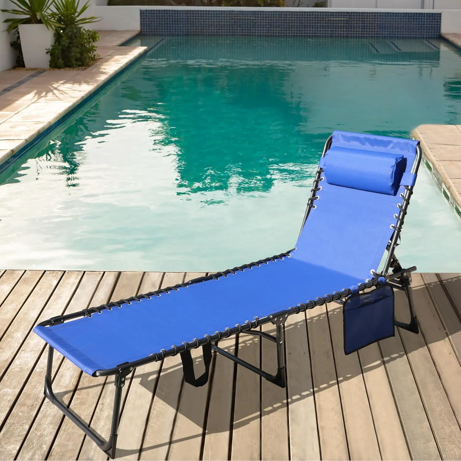 Outdoor Foldable Chaise Lounge Chair with Detachable Pillow & Pocket, Portable Tanning Chair with 5 Position Adjustable Back, Patio, Beach and Pool, Blue