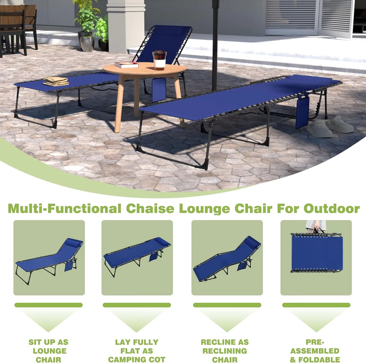 Outdoor Foldable Chaise Lounge Chair with Detachable Pillow & Pocket, Portable Tanning Chair with 5 Position Adjustable Back, Patio, Beach and Pool, Blue