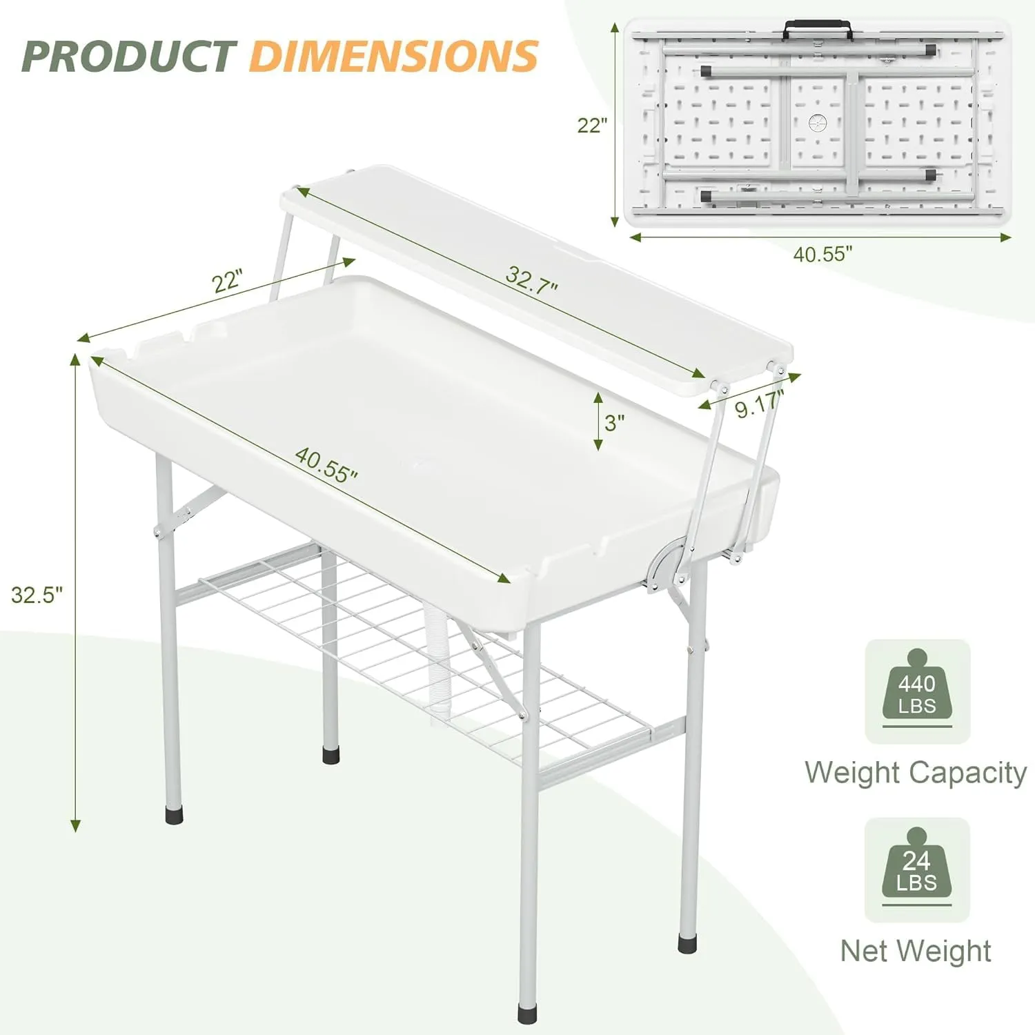 Outdoor Ice Cooler Folding Table with Extra Storage Shelf,Ice Tables for Parties with Drain,Cooler Server for Camping, Picnic, Wedding, BBQ, White