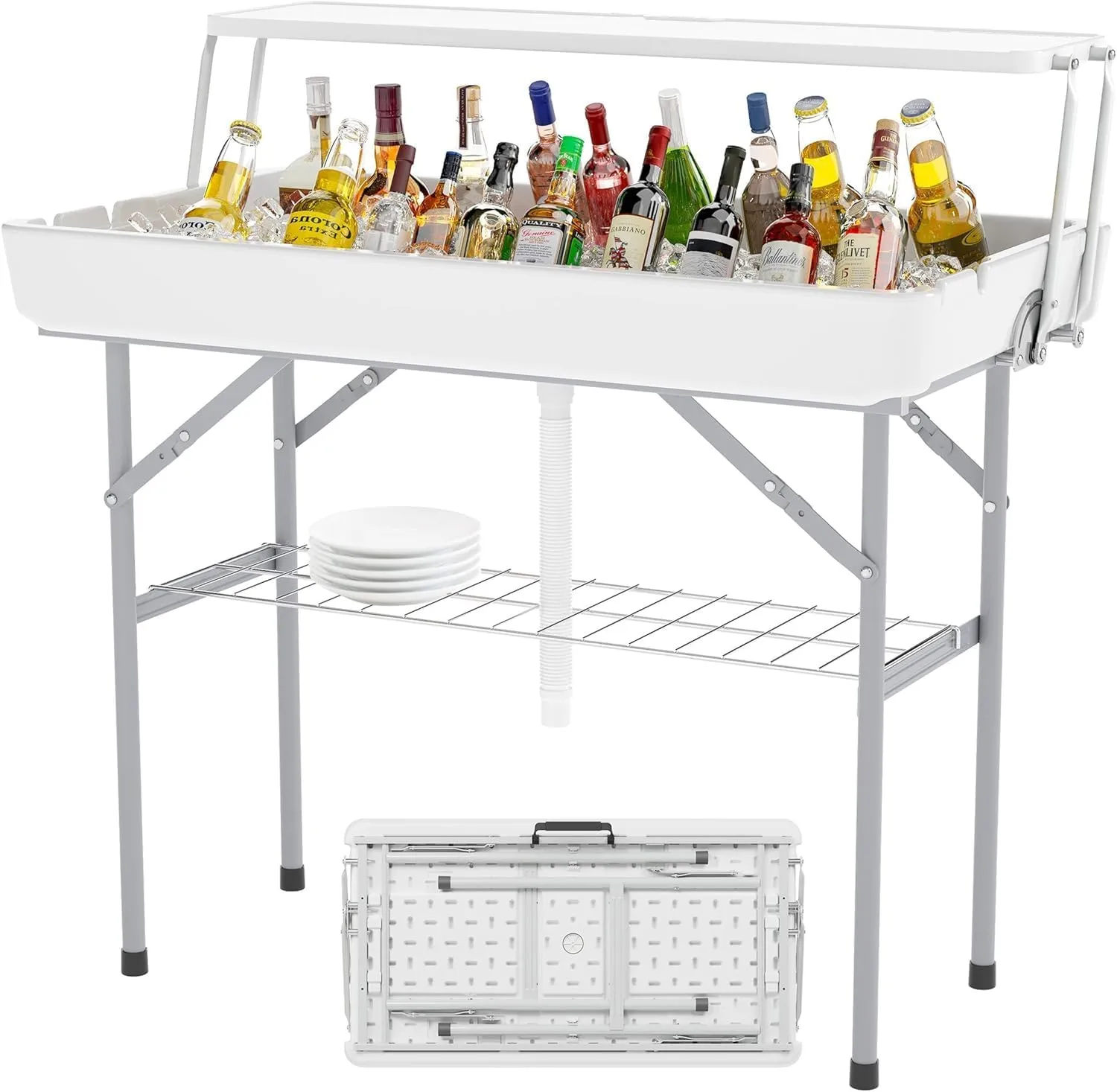 Outdoor Ice Cooler Folding Table with Extra Storage Shelf,Ice Tables for Parties with Drain,Cooler Server for Camping, Picnic, Wedding, BBQ, White