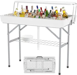 Outdoor Ice Cooler Folding Table with Extra Storage Shelf,Ice Tables for Parties with Drain,Cooler Server for Camping, Picnic, Wedding, BBQ, White