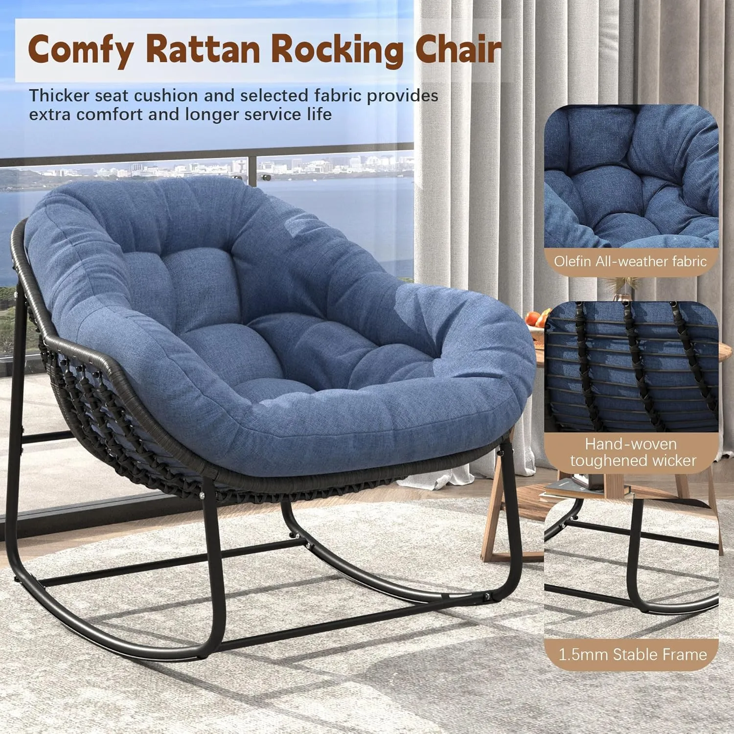 Outdoor Indoor Rocking Chair, Patio Wicker Egg Chair, Indoor & Outdoor Comfy Oversized Papasan Chair with Padded Cushion, Royal Rattan Rocker for Front Porch, Garden, Patio (Navy Blue)