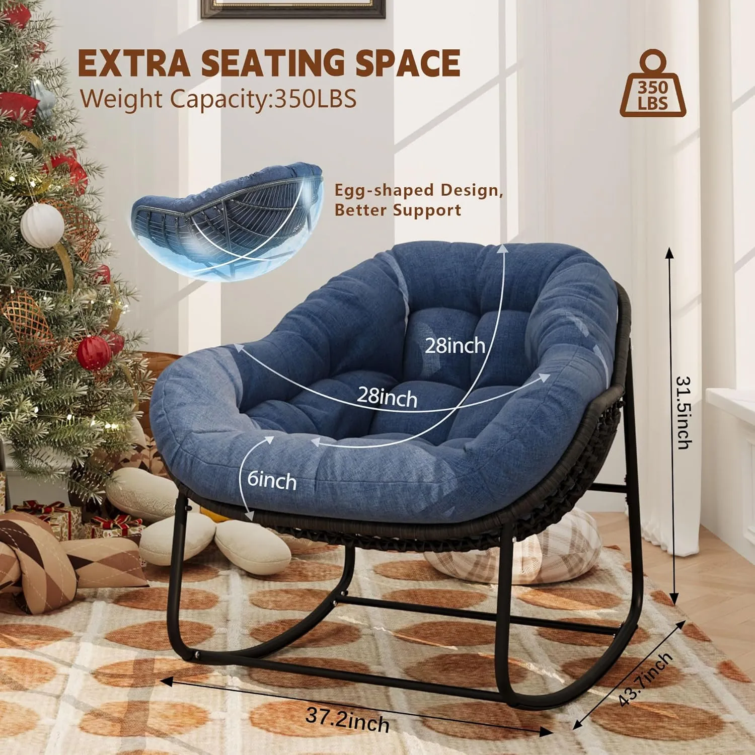 Outdoor Indoor Rocking Chair, Patio Wicker Egg Chair, Indoor & Outdoor Comfy Oversized Papasan Chair with Padded Cushion, Royal Rattan Rocker for Front Porch, Garden, Patio (Navy Blue)