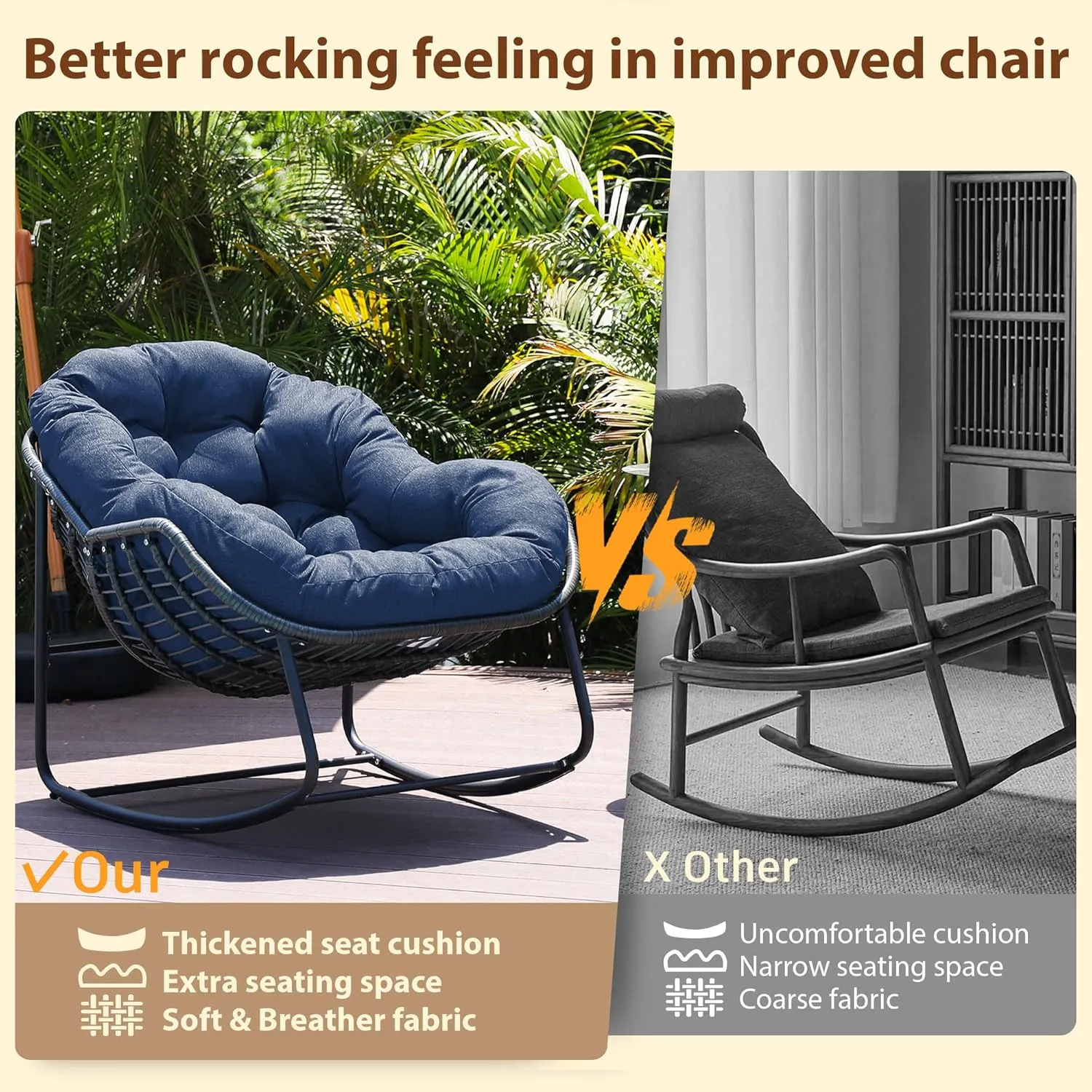 Outdoor Indoor Rocking Chair, Patio Wicker Egg Chair, Indoor & Outdoor Comfy Oversized Papasan Chair with Padded Cushion, Royal Rattan Rocker for Front Porch, Garden, Patio (Navy Blue)