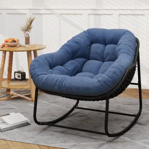 Outdoor Indoor Rocking Chair, Patio Wicker Egg Chair, Indoor & Outdoor Comfy Oversized Papasan Chair with Padded Cushion, Royal Rattan Rocker for Front Porch, Garden, Patio (Navy Blue)