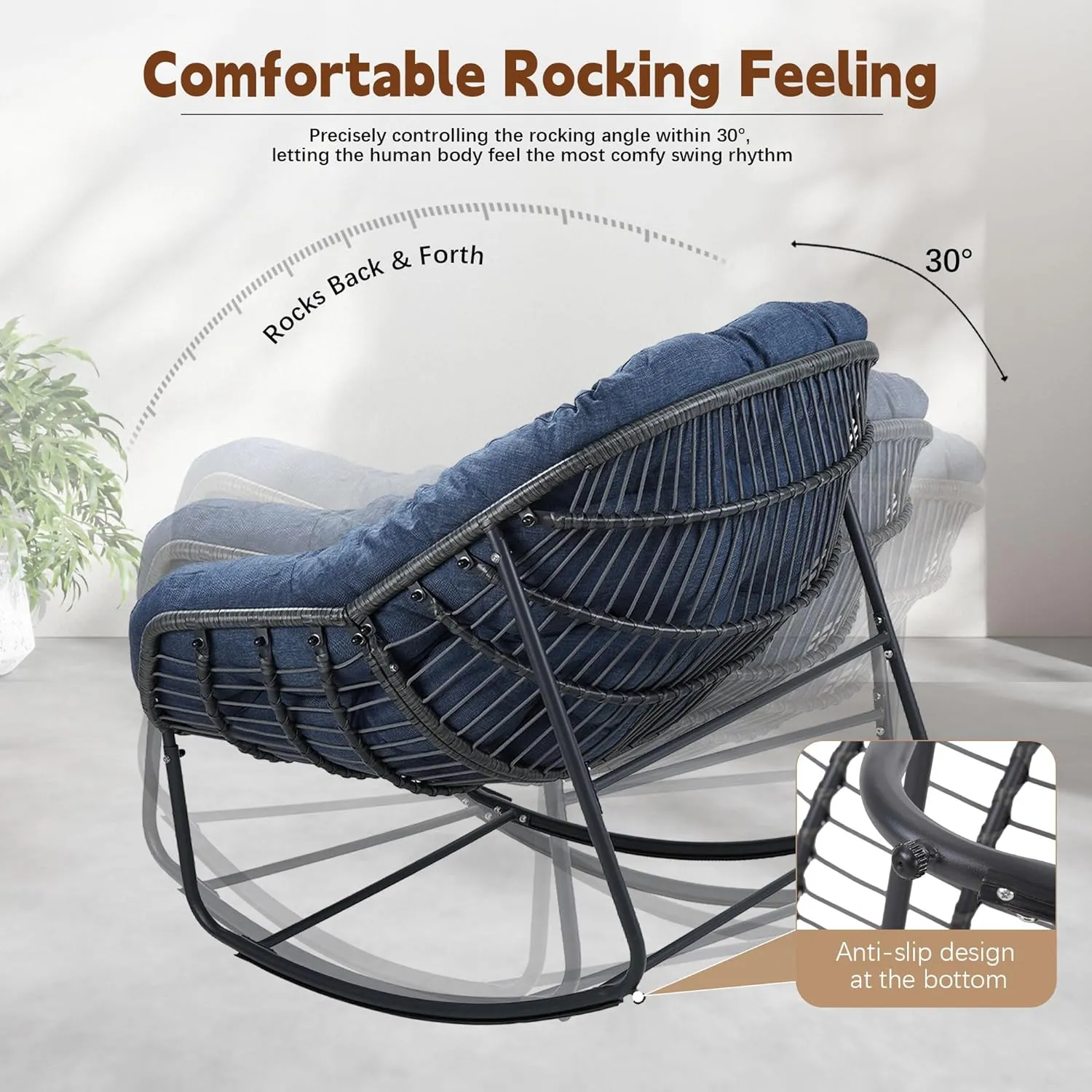 Outdoor Indoor Rocking Chair, Patio Wicker Egg Chair, Indoor & Outdoor Comfy Oversized Papasan Chair with Padded Cushion, Royal Rattan Rocker for Front Porch, Garden, Patio (Navy Blue)
