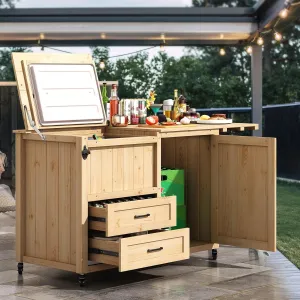 Outdoor Kitchen with Beer Cooler & Foldable Tabletop - Solid Wood BBQ Cart with 360° Wheels, Large Storage & Drawers for Backyard, Camping, Family BBQ and Outdoor Party