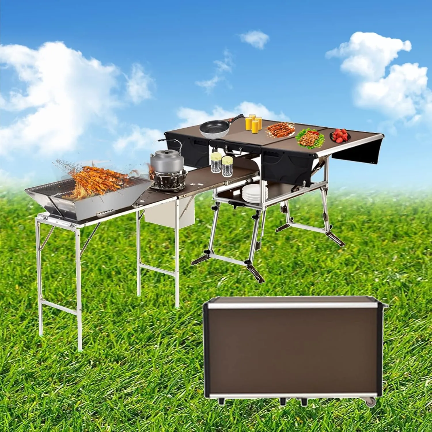 Outdoor Master Cook Station Aluminum Camping Table,Easy Carry Picnic Folding Table with kitchenware and Stove for RV BBQ Cooking Outdoor (Color : Package 2)