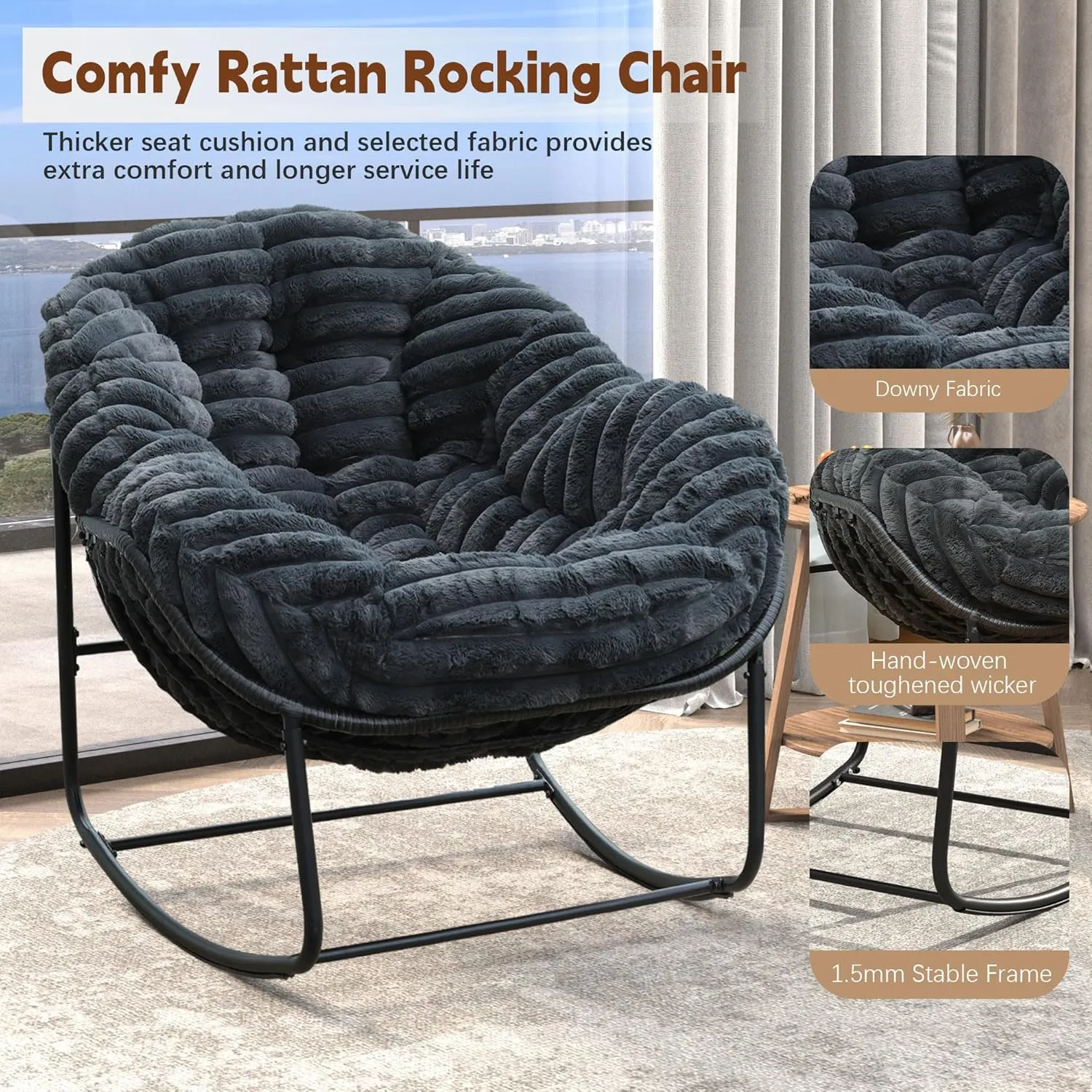 Outdoor Rocking Chair, Patio Wicker Egg Chair, Indoor Comfy Oversized Papasan Chair with Padded Cushion, Royal Rattan Rocker for Front Porch, Garden, Patio (Dark Grey)
