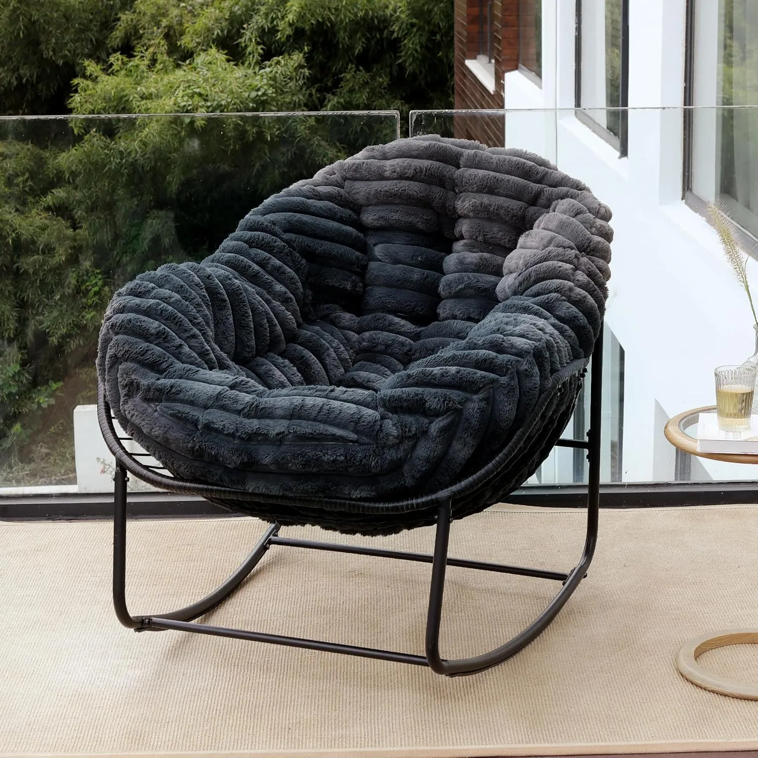 Outdoor Rocking Chair, Patio Wicker Egg Chair, Indoor Comfy Oversized Papasan Chair with Padded Cushion, Royal Rattan Rocker for Front Porch, Garden, Patio (Dark Grey)
