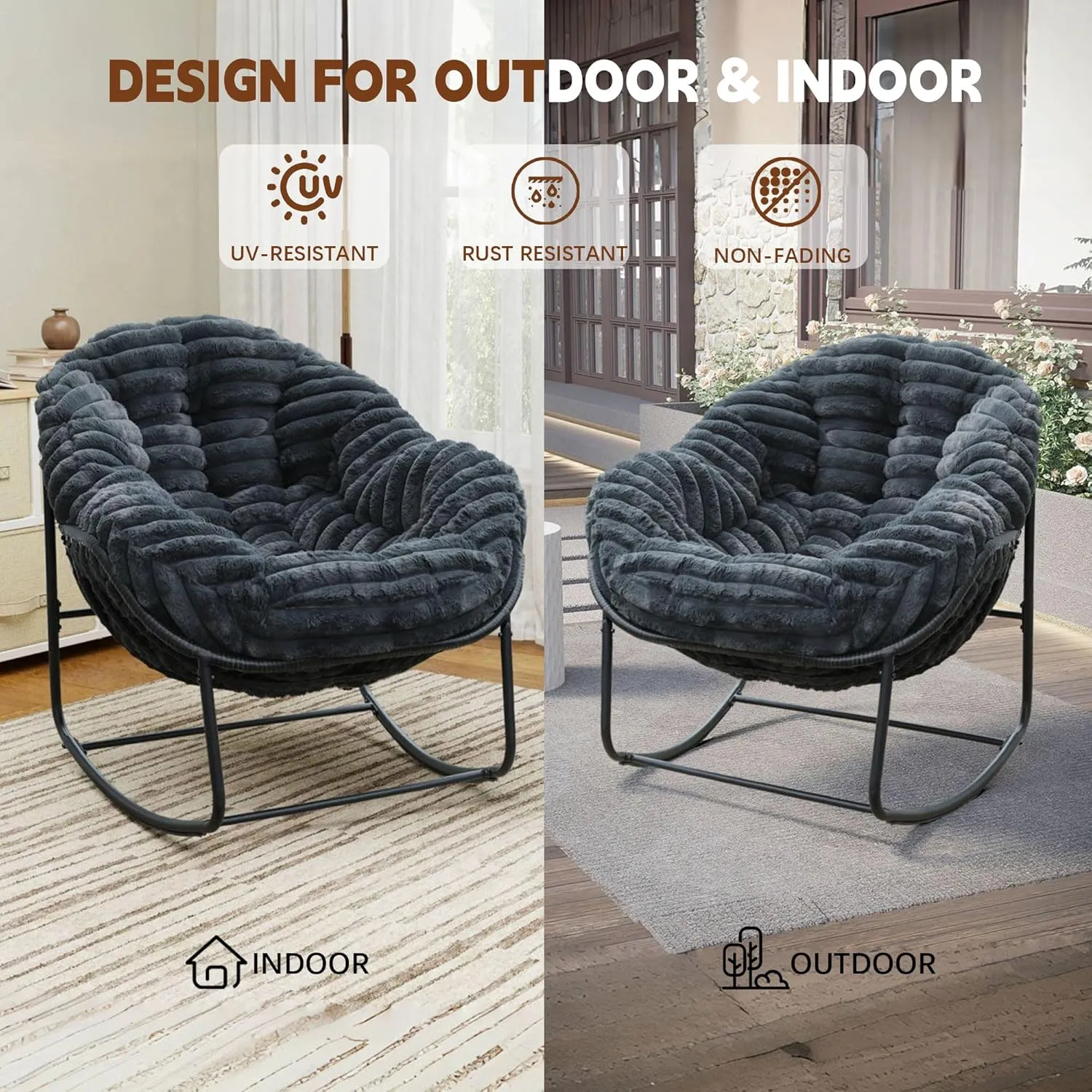 Outdoor Rocking Chair, Patio Wicker Egg Chair, Indoor Comfy Oversized Papasan Chair with Padded Cushion, Royal Rattan Rocker for Front Porch, Garden, Patio (Dark Grey)