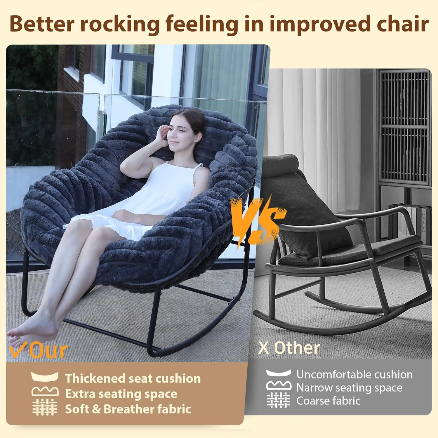 Outdoor Rocking Chair, Patio Wicker Egg Chair, Indoor Comfy Oversized Papasan Chair with Padded Cushion, Royal Rattan Rocker for Front Porch, Garden, Patio (Dark Grey)