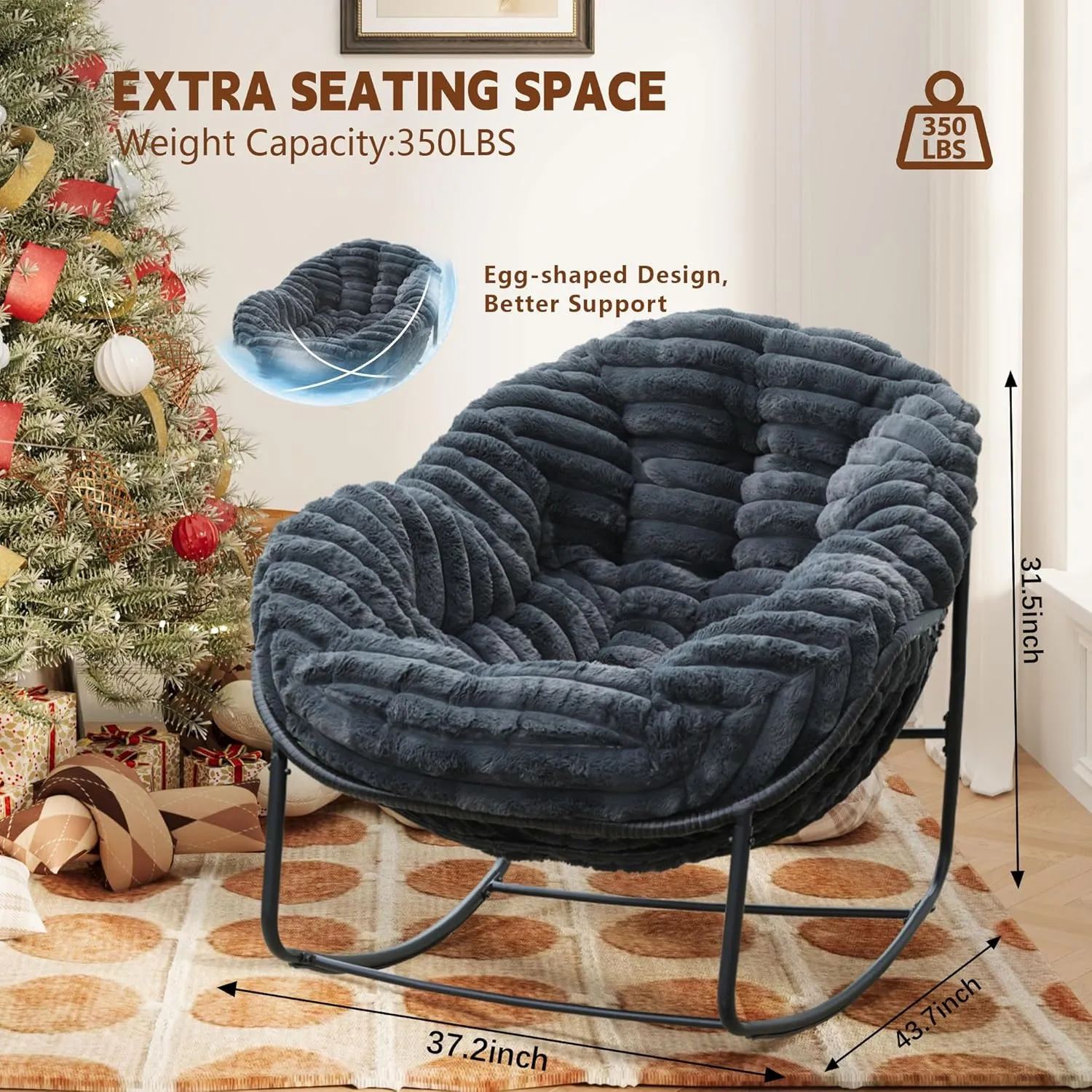 Outdoor Rocking Chair, Patio Wicker Egg Chair, Indoor Comfy Oversized Papasan Chair with Padded Cushion, Royal Rattan Rocker for Front Porch, Garden, Patio (Dark Grey)