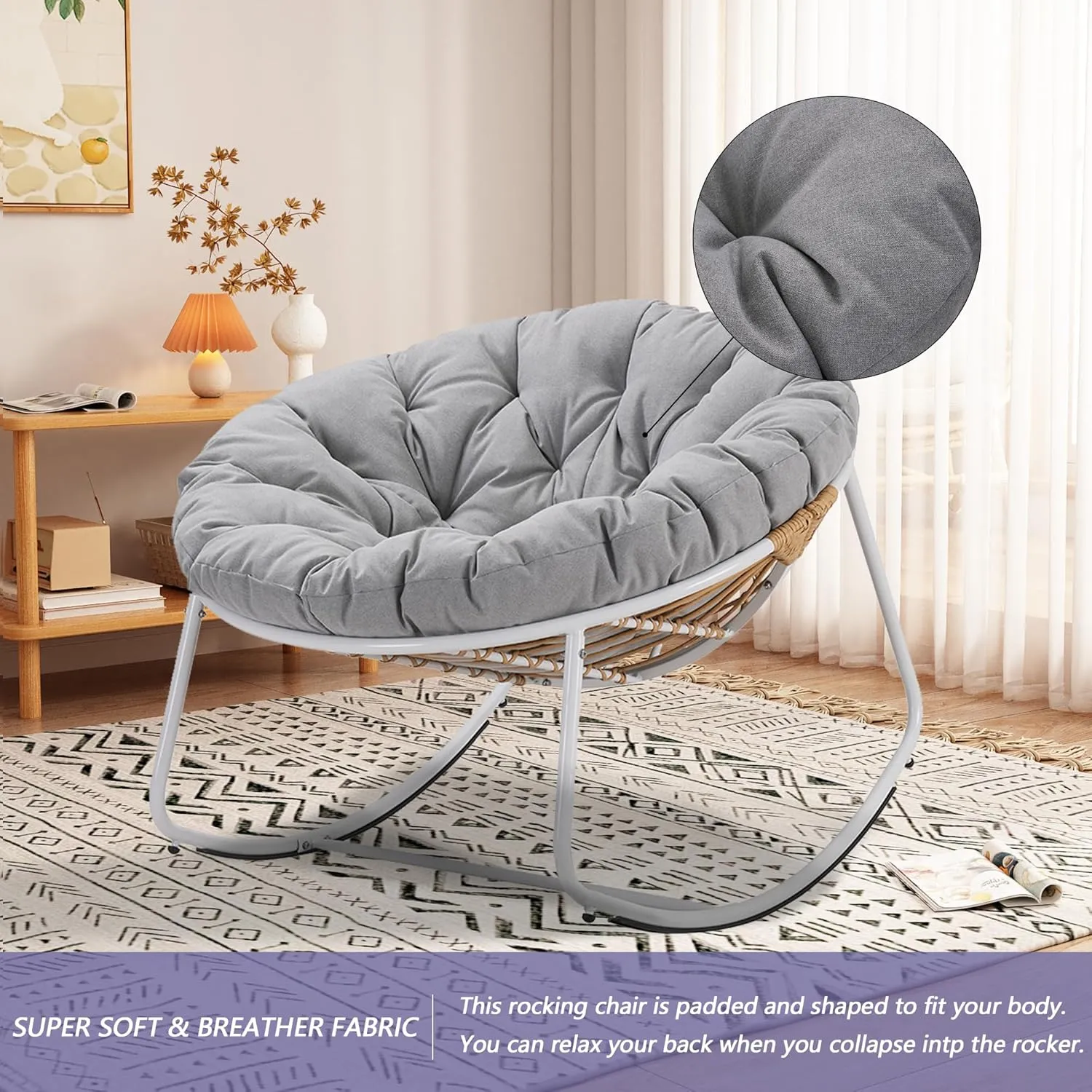 Outdoor Round Rocking Chair, Patio Wicker Egg Chair, Comfy Oversized Papasan Chair with Light Grey Padded Cushion, Royal Rattan Rocker for Living Room, Front Porch, Patio