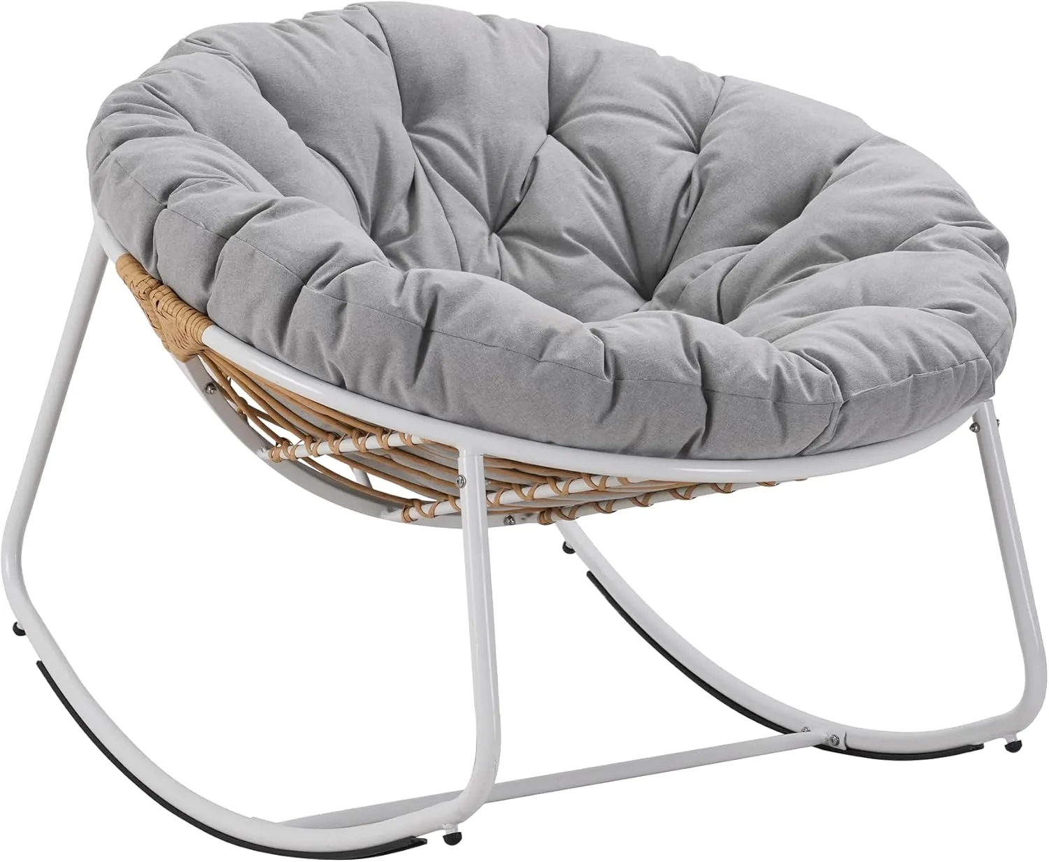 Outdoor Round Rocking Chair, Patio Wicker Egg Chair, Comfy Oversized Papasan Chair with Light Grey Padded Cushion, Royal Rattan Rocker for Living Room, Front Porch, Patio