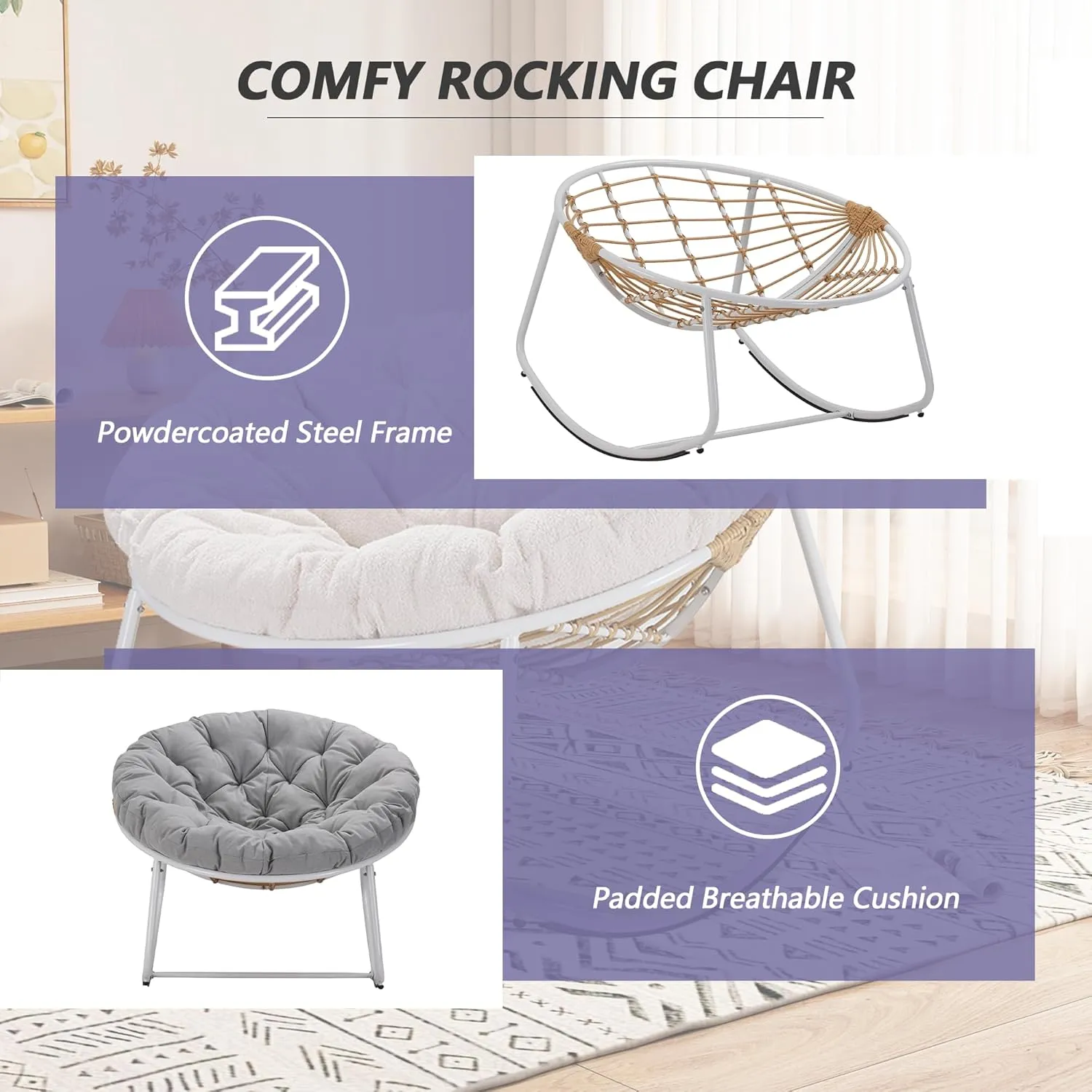Outdoor Round Rocking Chair, Patio Wicker Egg Chair, Comfy Oversized Papasan Chair with Light Grey Padded Cushion, Royal Rattan Rocker for Living Room, Front Porch, Patio