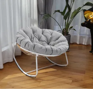 Outdoor Round Rocking Chair, Patio Wicker Egg Chair, Comfy Oversized Papasan Chair with Light Grey Padded Cushion, Royal Rattan Rocker for Living Room, Front Porch, Patio