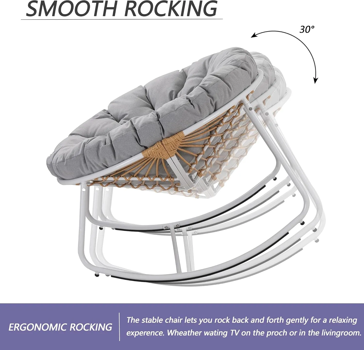 Outdoor Round Rocking Chair, Patio Wicker Egg Chair, Comfy Oversized Papasan Chair with Light Grey Padded Cushion, Royal Rattan Rocker for Living Room, Front Porch, Patio