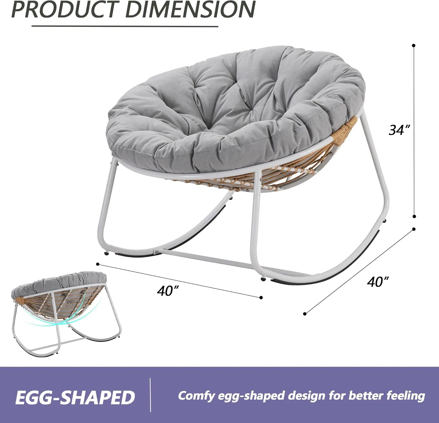 Outdoor Round Rocking Chair, Patio Wicker Egg Chair, Comfy Oversized Papasan Chair with Light Grey Padded Cushion, Royal Rattan Rocker for Living Room, Front Porch, Patio