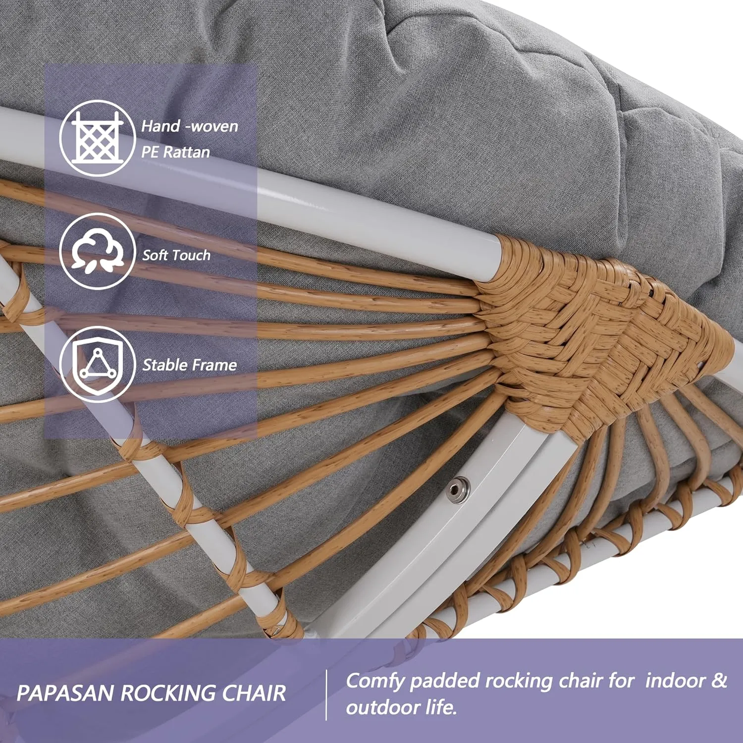 Outdoor Round Rocking Chair, Patio Wicker Egg Chair, Comfy Oversized Papasan Chair with Light Grey Padded Cushion, Royal Rattan Rocker for Living Room, Front Porch, Patio