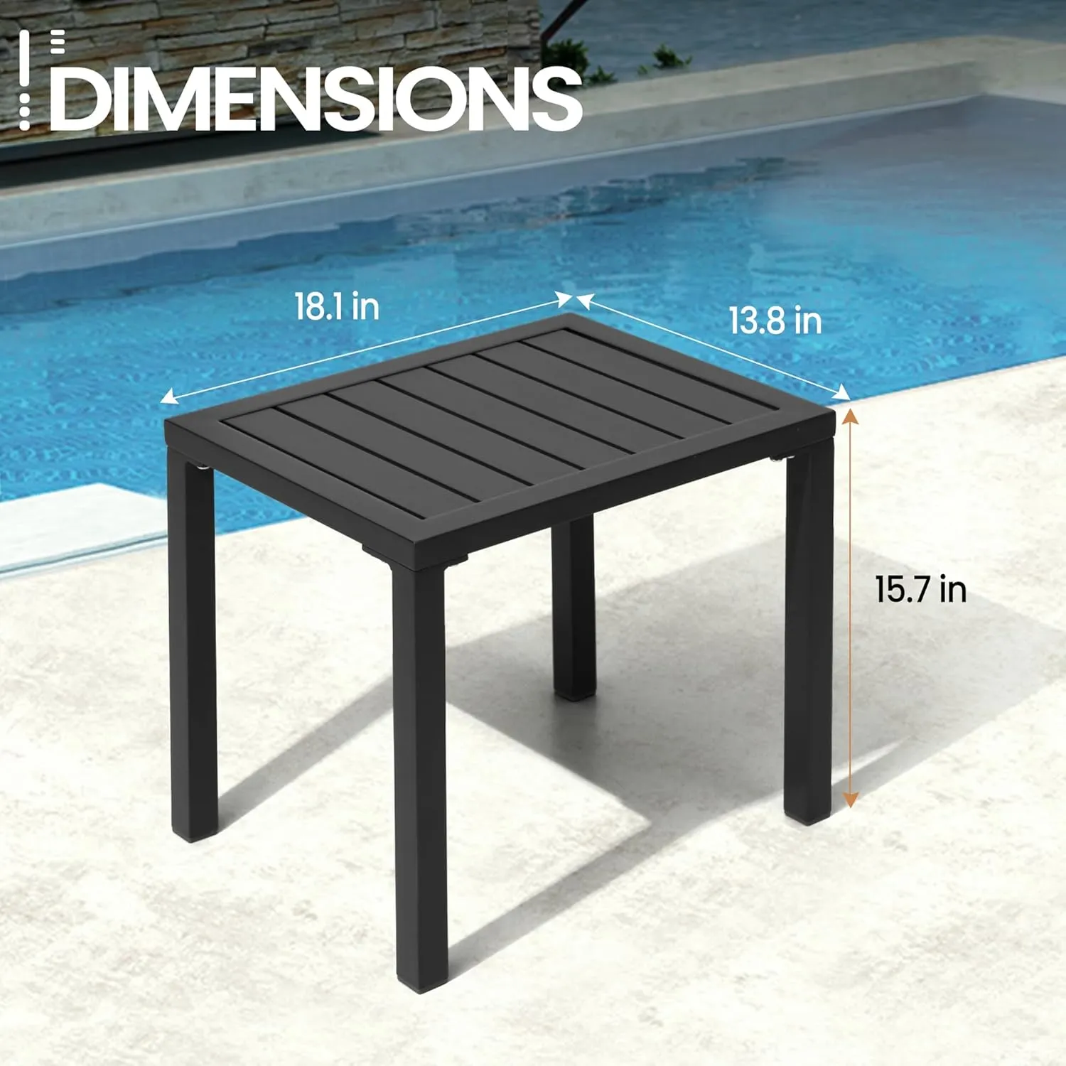 Outdoor Side Table Aluminum Small Outdoor Table All-Weather Metal Patio End Table Rectangular Outdoor Side Tables for Patio Indoor Garden Porch Bistro Poolside (Black)