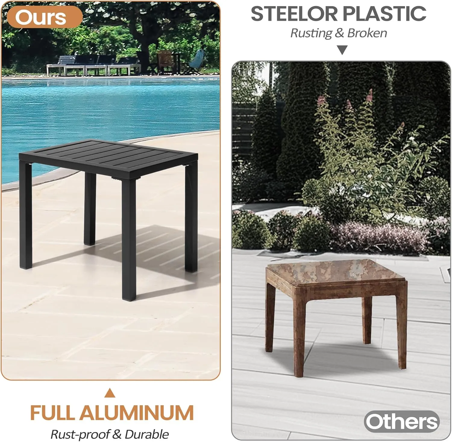 Outdoor Side Table Aluminum Small Outdoor Table All-Weather Metal Patio End Table Rectangular Outdoor Side Tables for Patio Indoor Garden Porch Bistro Poolside (Black)