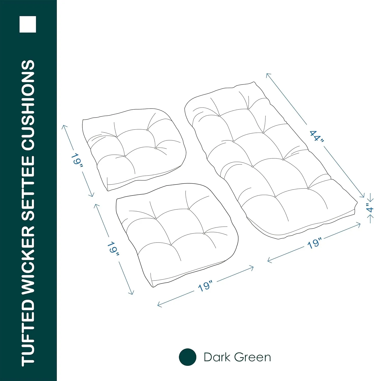 Outdoor/Indoor All Weather Tufted Wicker Chair Cushions of 3 Pieces, 1 Loveseat and 2 U-Shape Waterproof Cushions for Patio Furniture,Wicker Loveseat,Bench-Dark Green